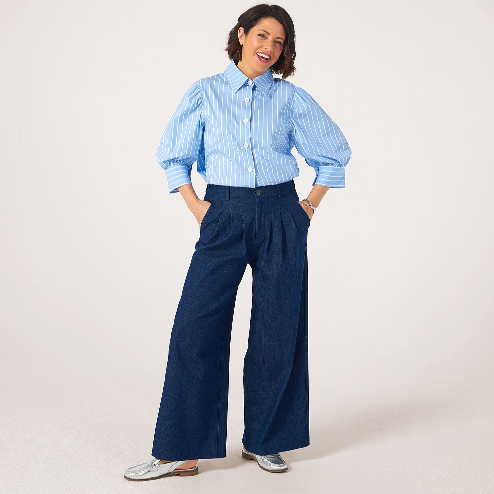 Helene Berman X Katy Pleated Denim Wide Leg Trousers with Stretch Waist