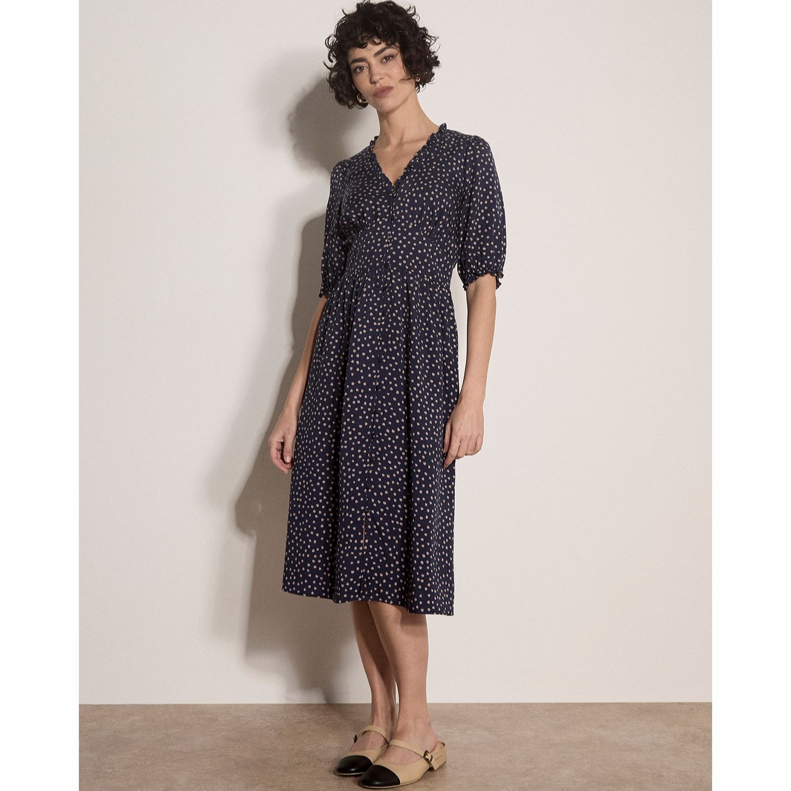 Apricot Mini Dot Button Through Midi Dress