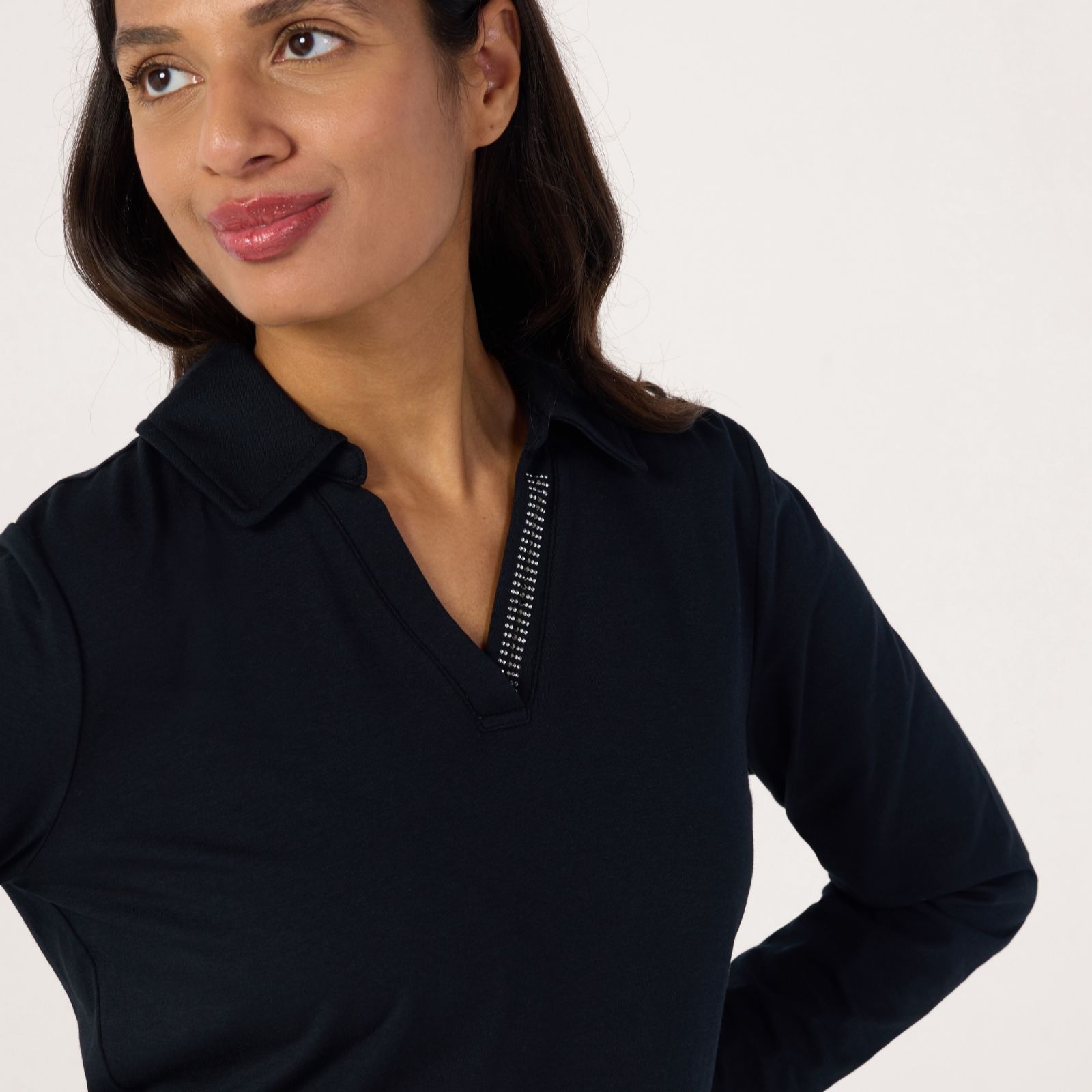Denim & Co. Jersey Collared Long Sleeve Top with Embellishment