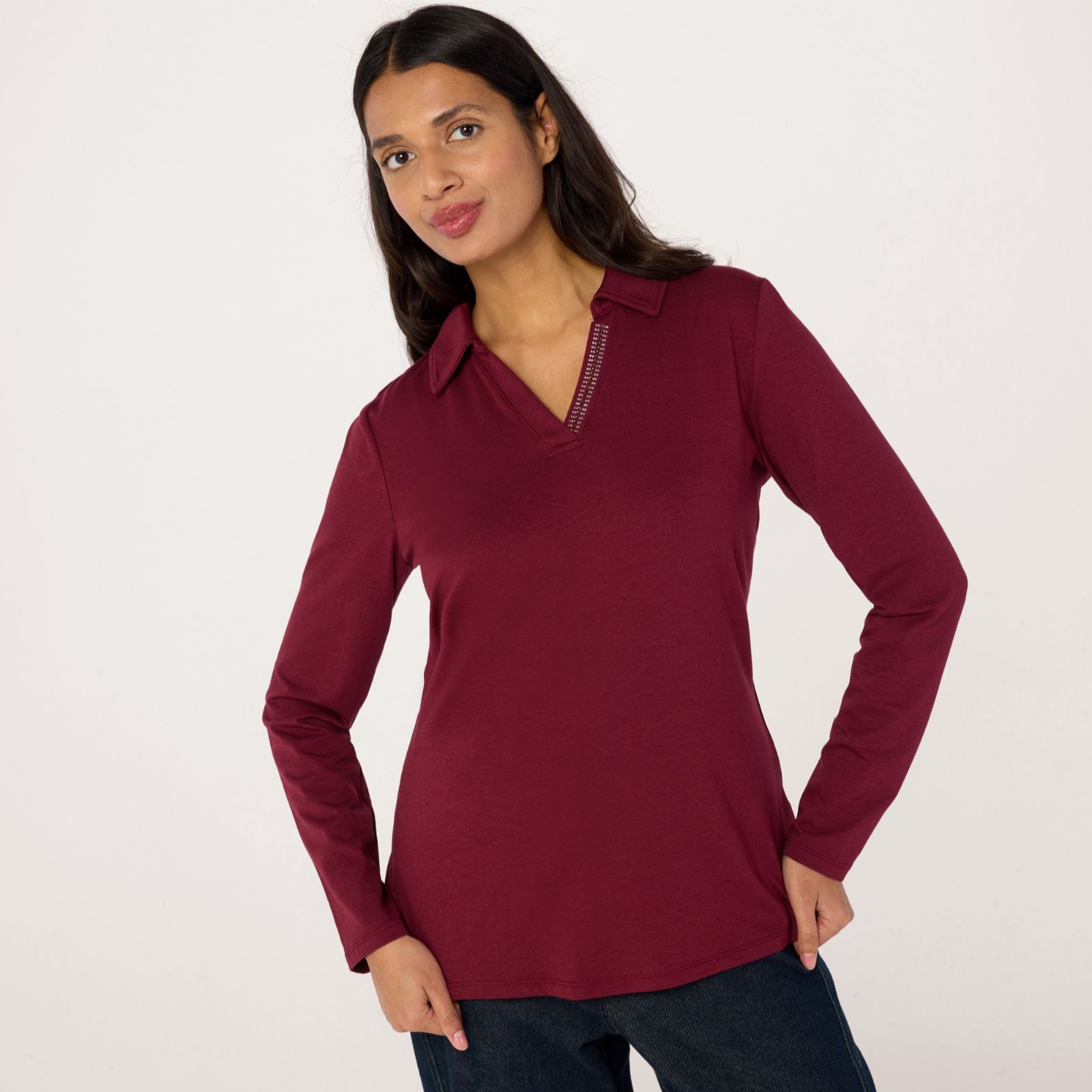Denim & Co. Jersey Collared Long Sleeve Top with Embellishment