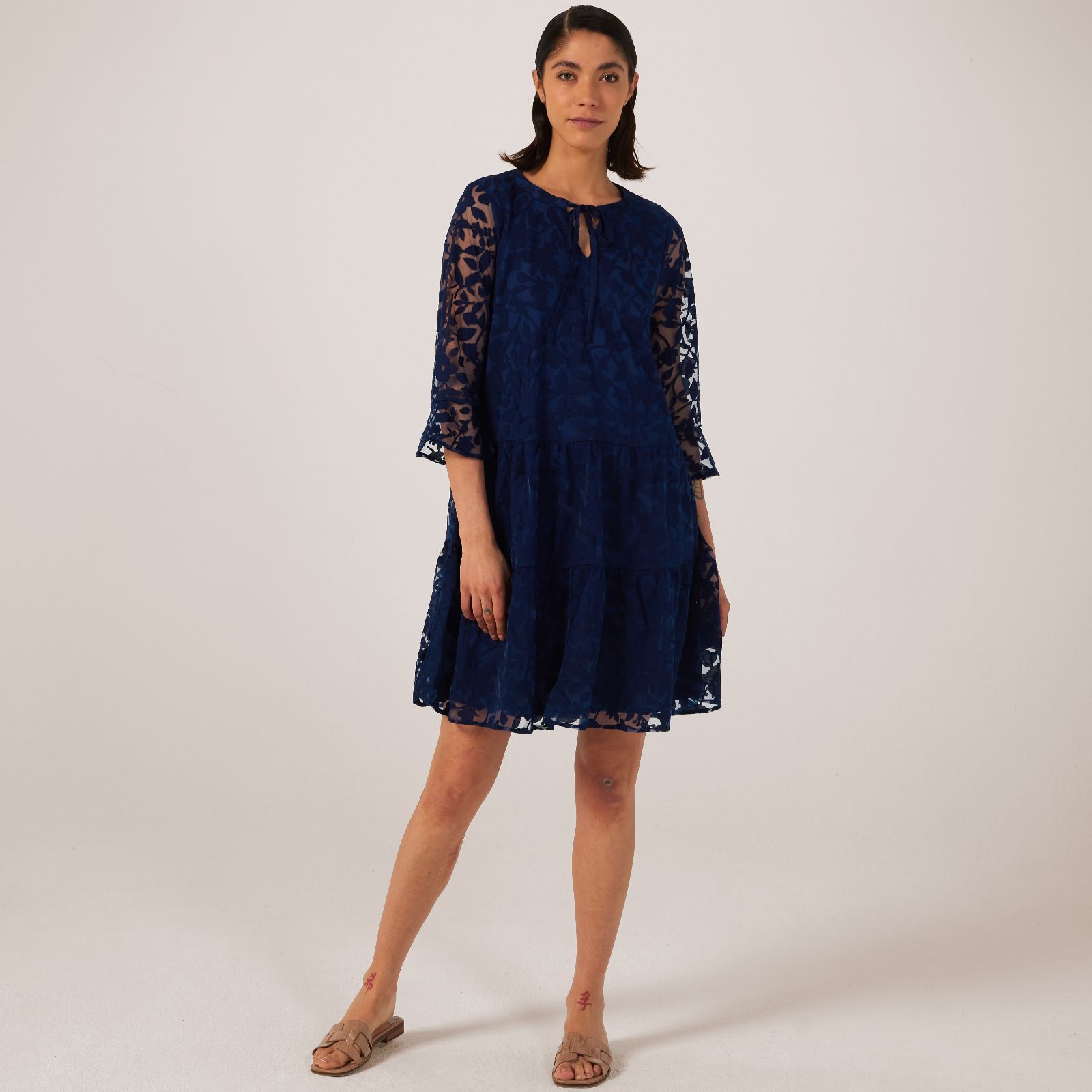 Nina Leonard Sheer Tie Sleeve Lace Tiered Dress - QVC UK