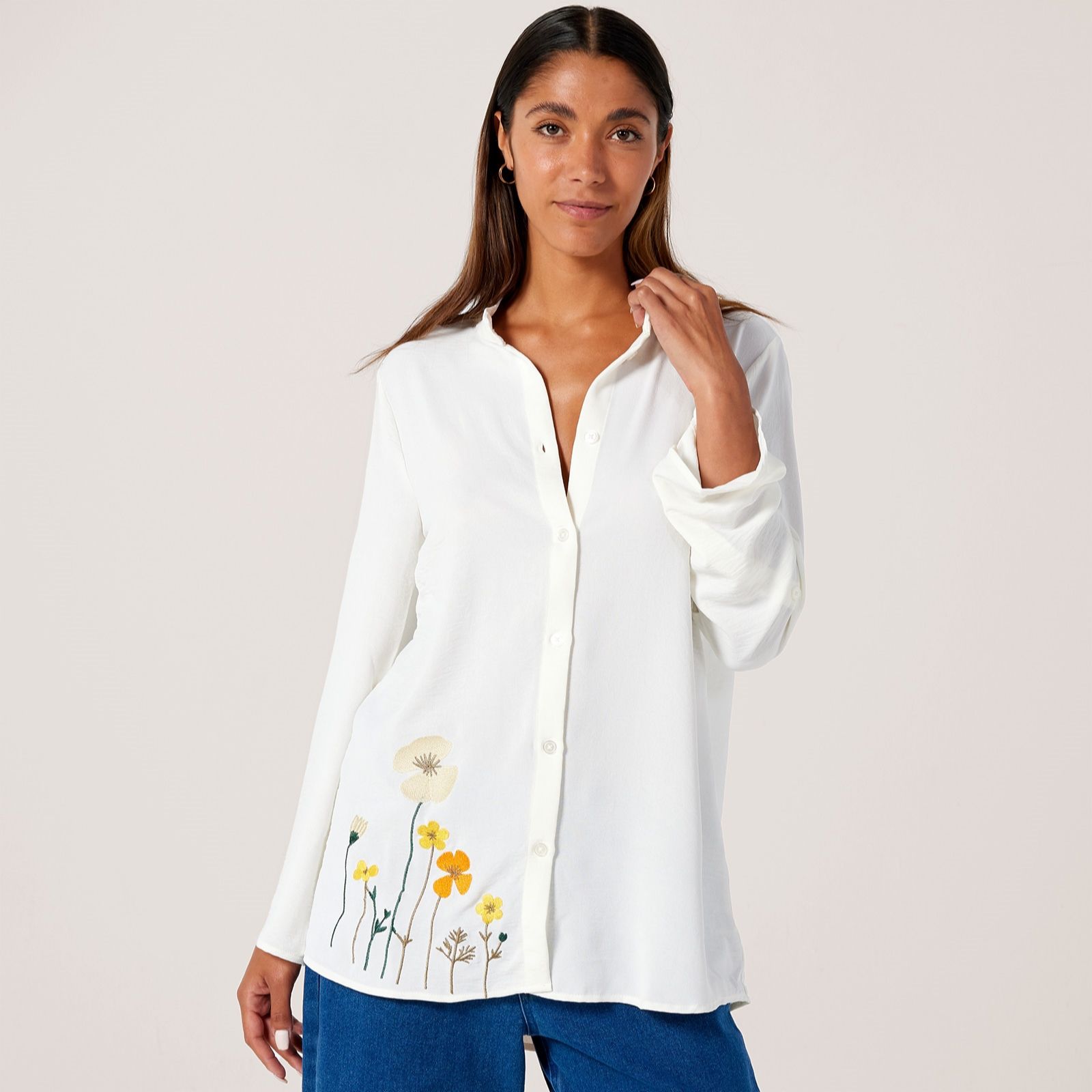 Nina Leonard Tab Sleeve Mandarin Shirt With Floral Side Embroidery