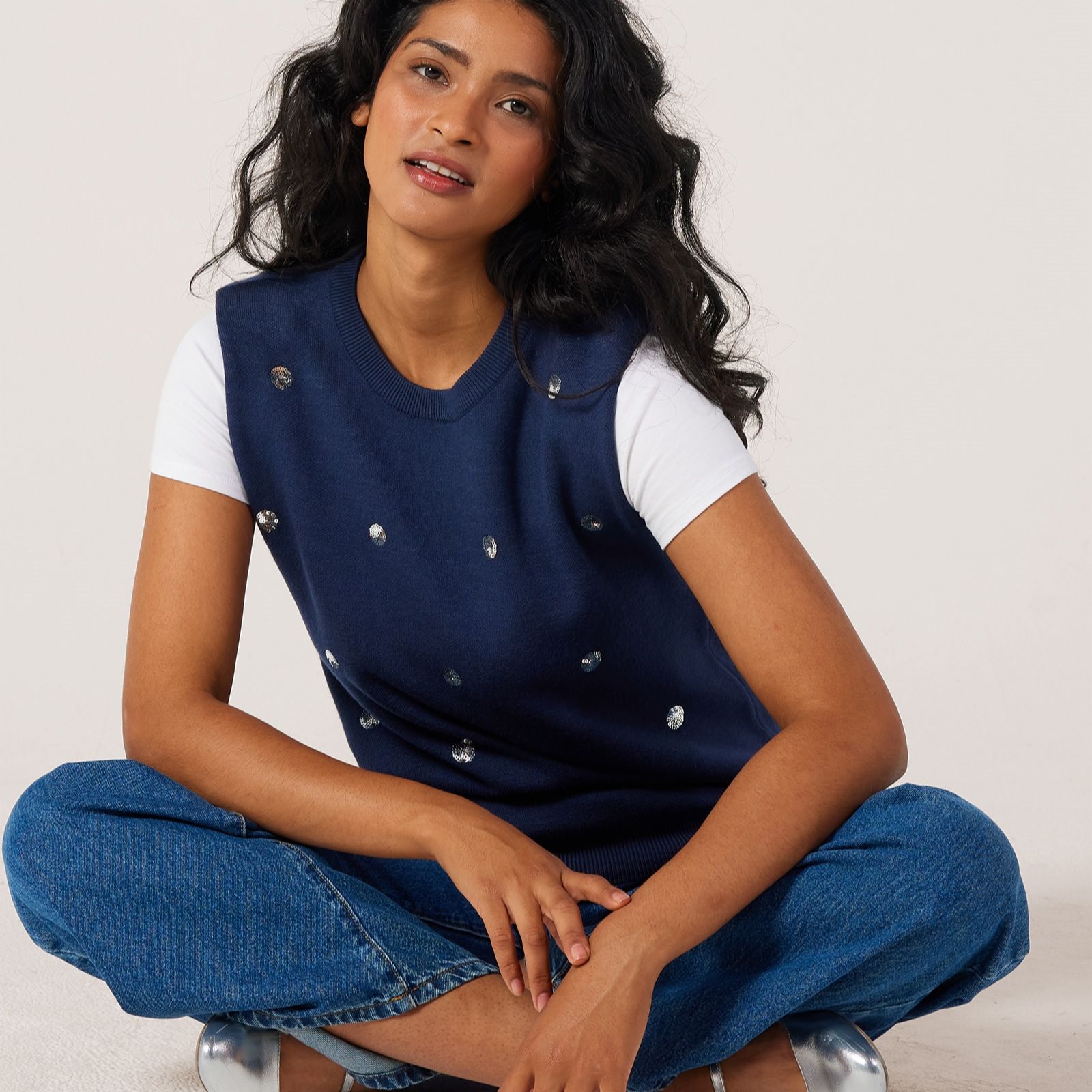 Malissa J Sequin Sleeveless Knit Jumper with Shoulder Pads