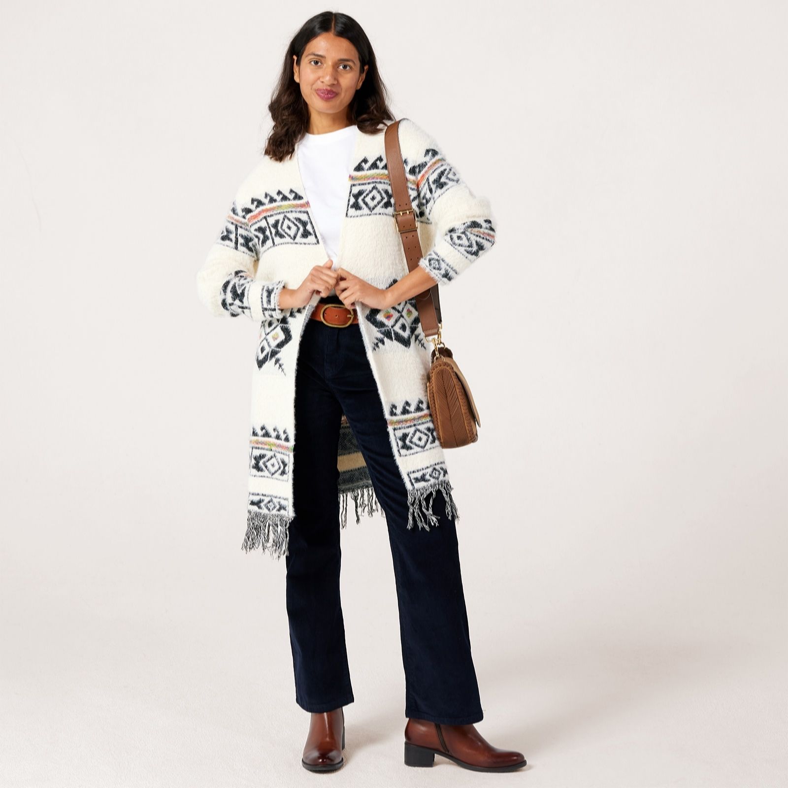 Izabel London Fringed Hem Folk Cardigan