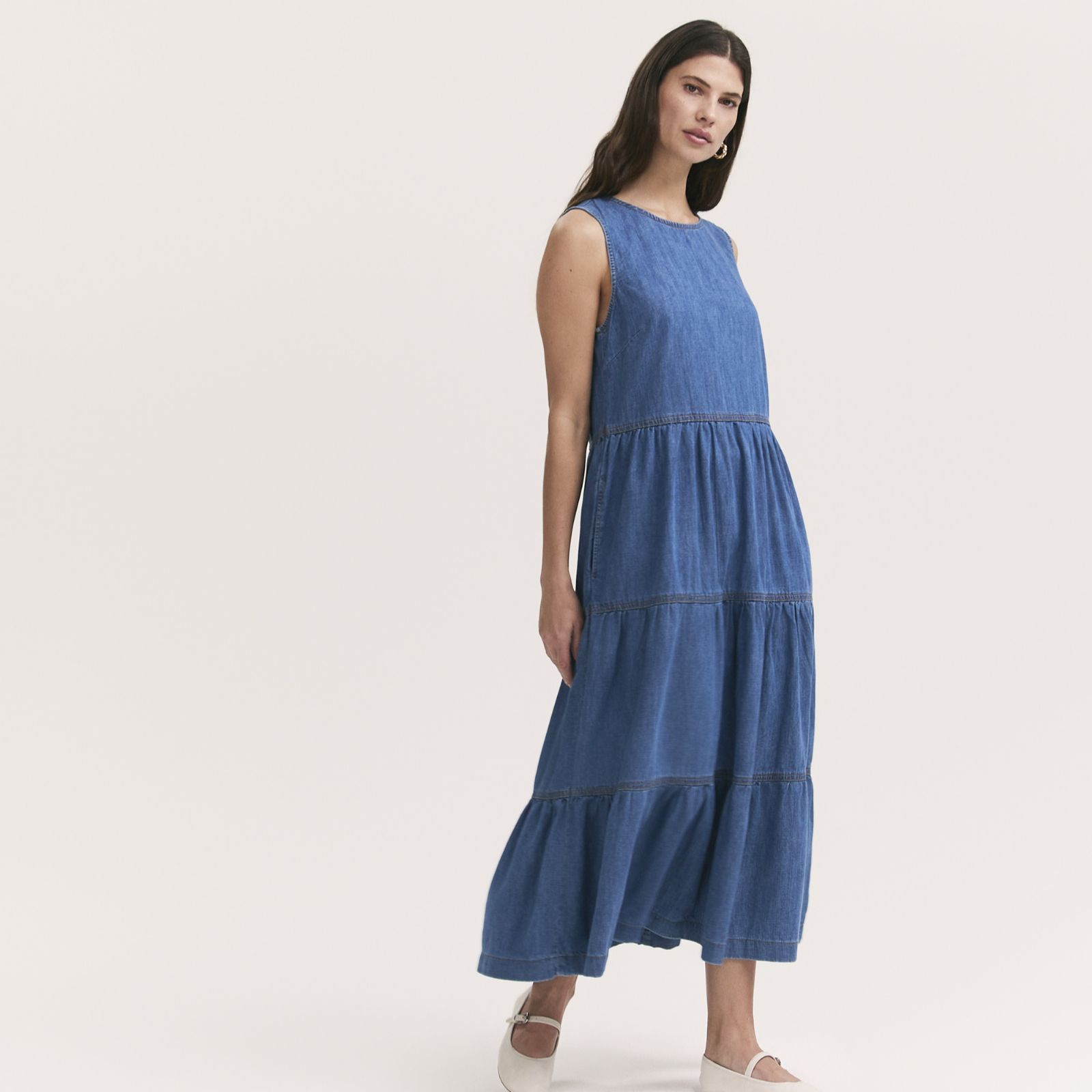 Finery London 100% Cotton Light Weight Denim Tiered Dress