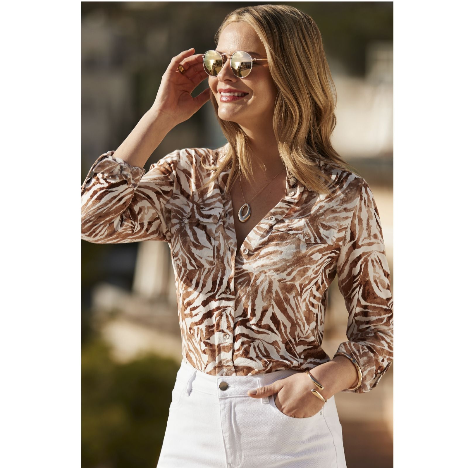 Sosandar Brown Animal Print Relaxed Utility Shirt