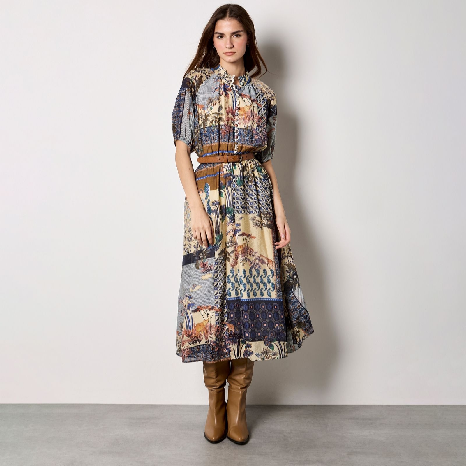 Apricot Patchwork Midi Shirt Dress