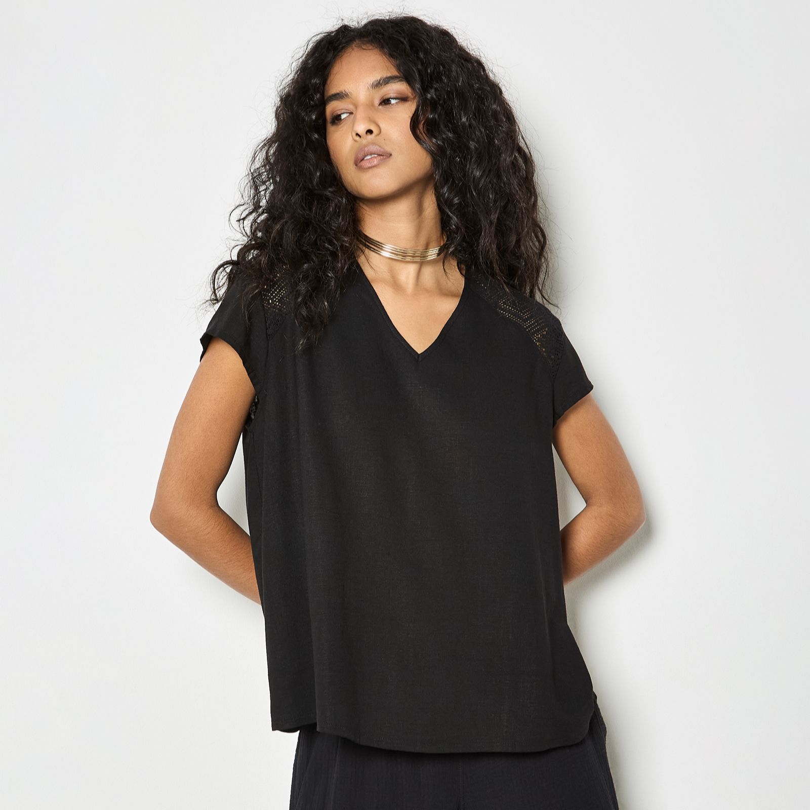 Apricot Lace Insert V Neck Linen Top