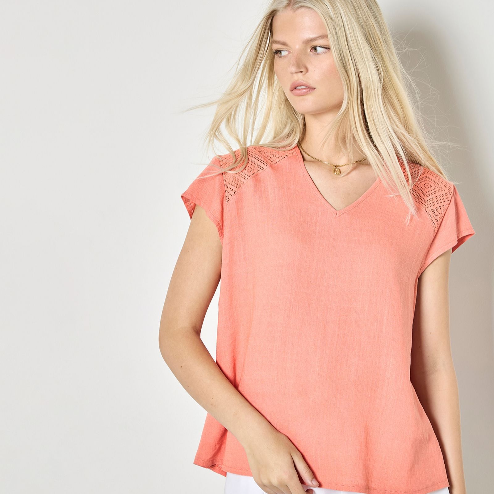 Apricot Lace Insert V Neck Linen Top