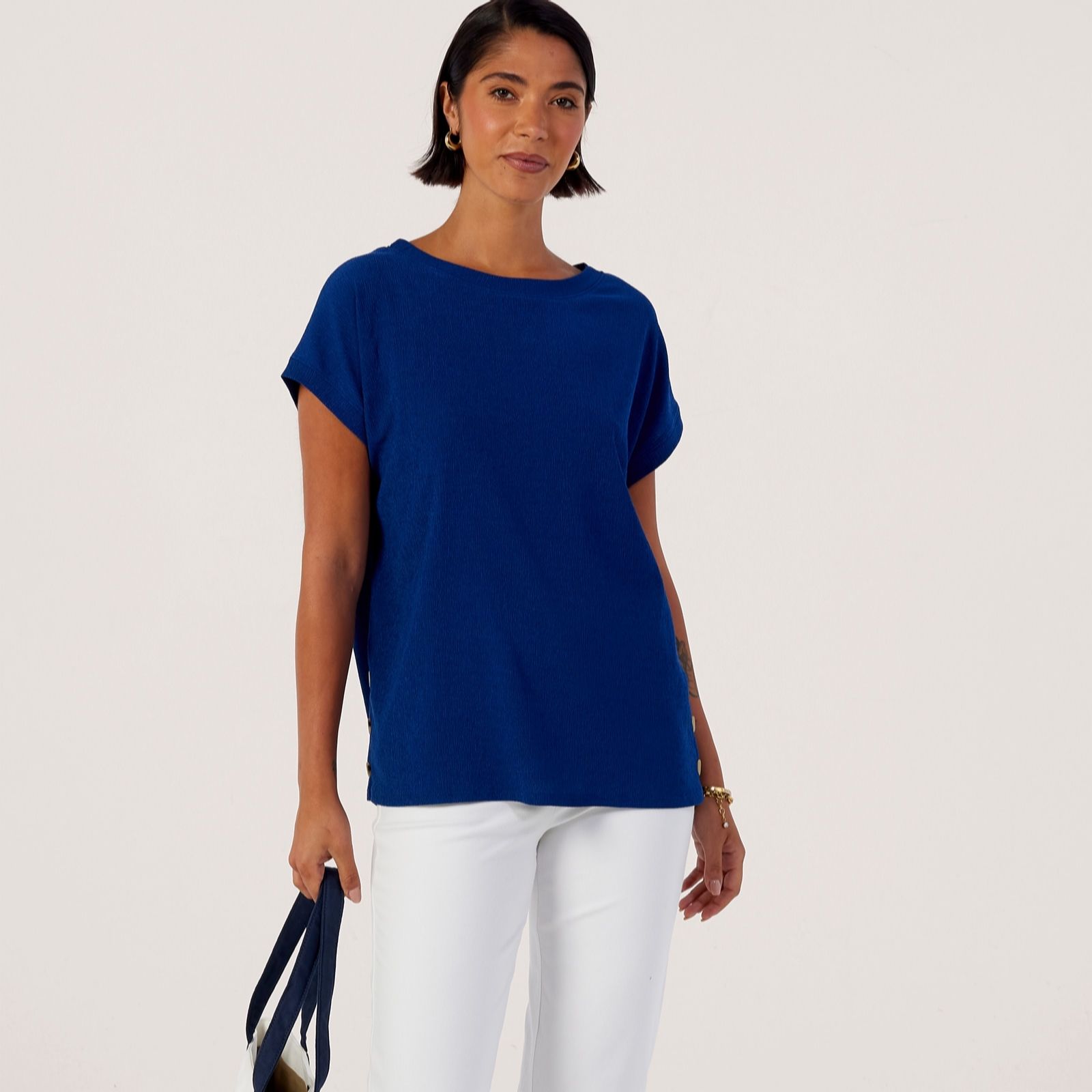 Kim & Co Stretch Crinkle Short Dolman Sleeve Button Top