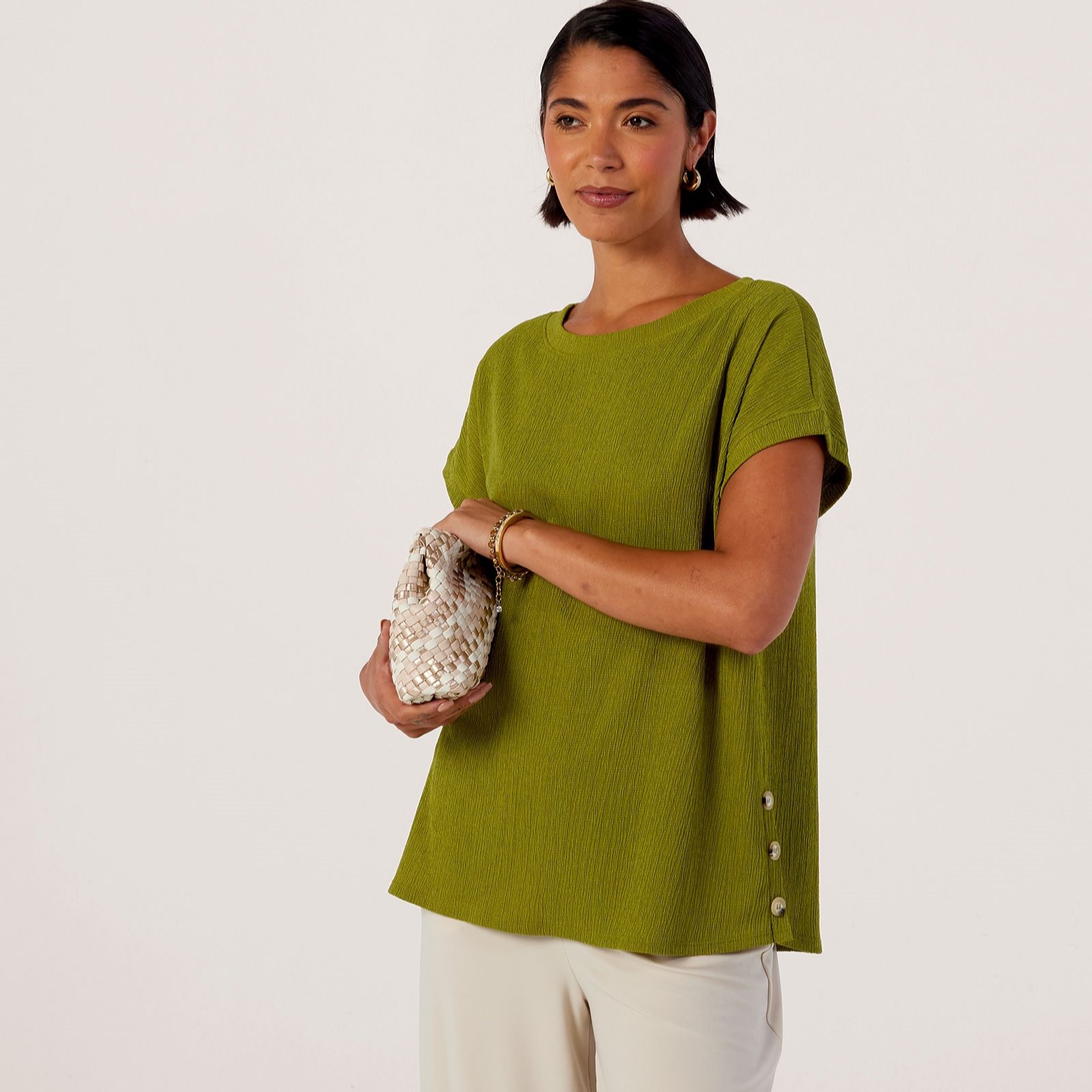 Kim & Co Stretch Crinkle Short Dolman Sleeve Button Top