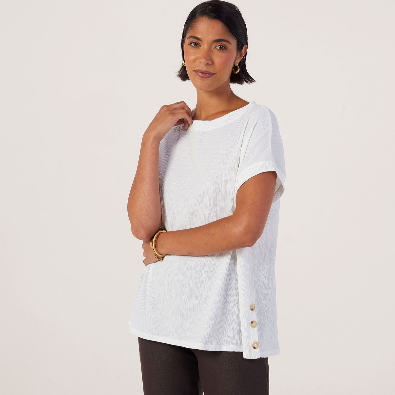 Kim & Co Stretch Crinkle Short Dolman Sleeve Button Top