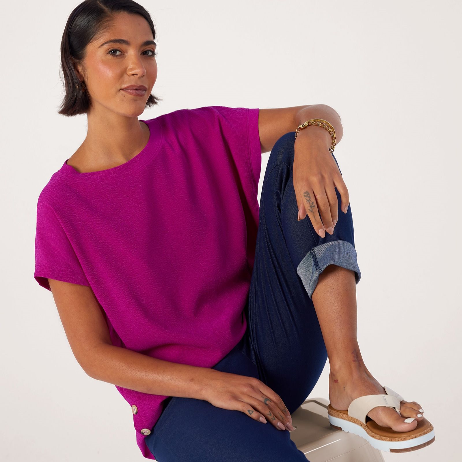 Kim & Co Stretch Crinkle Short Dolman Sleeve Button Top