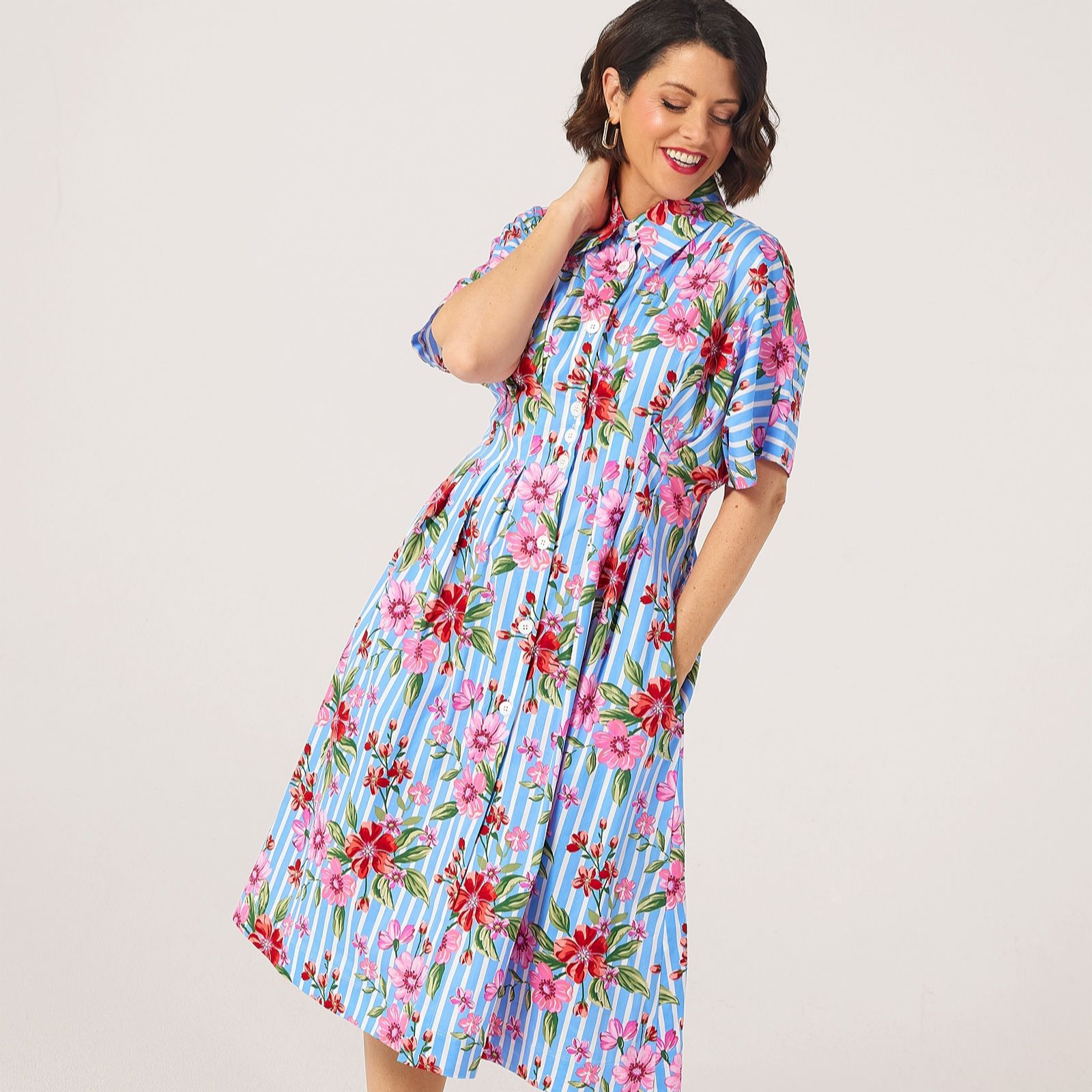 Helene Berman X Katy Pleated Waist Floral Print Dress