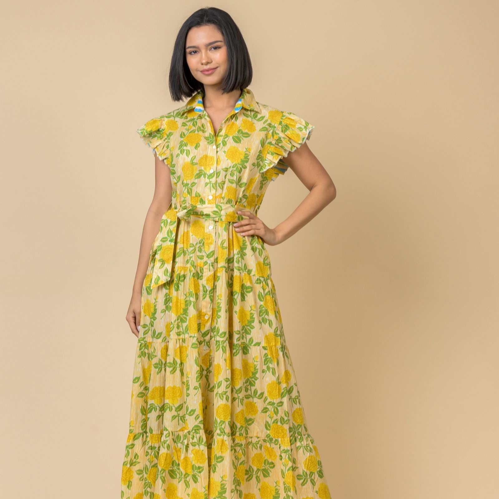  Handprint Dream Longbeach Tie Waist Maxi Dress