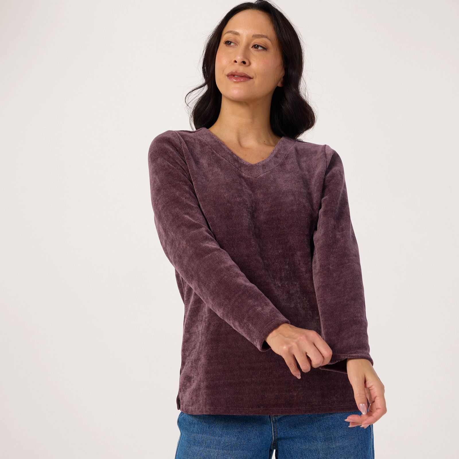 Denim & Co Chenille V Neck Long Sleeve Top
