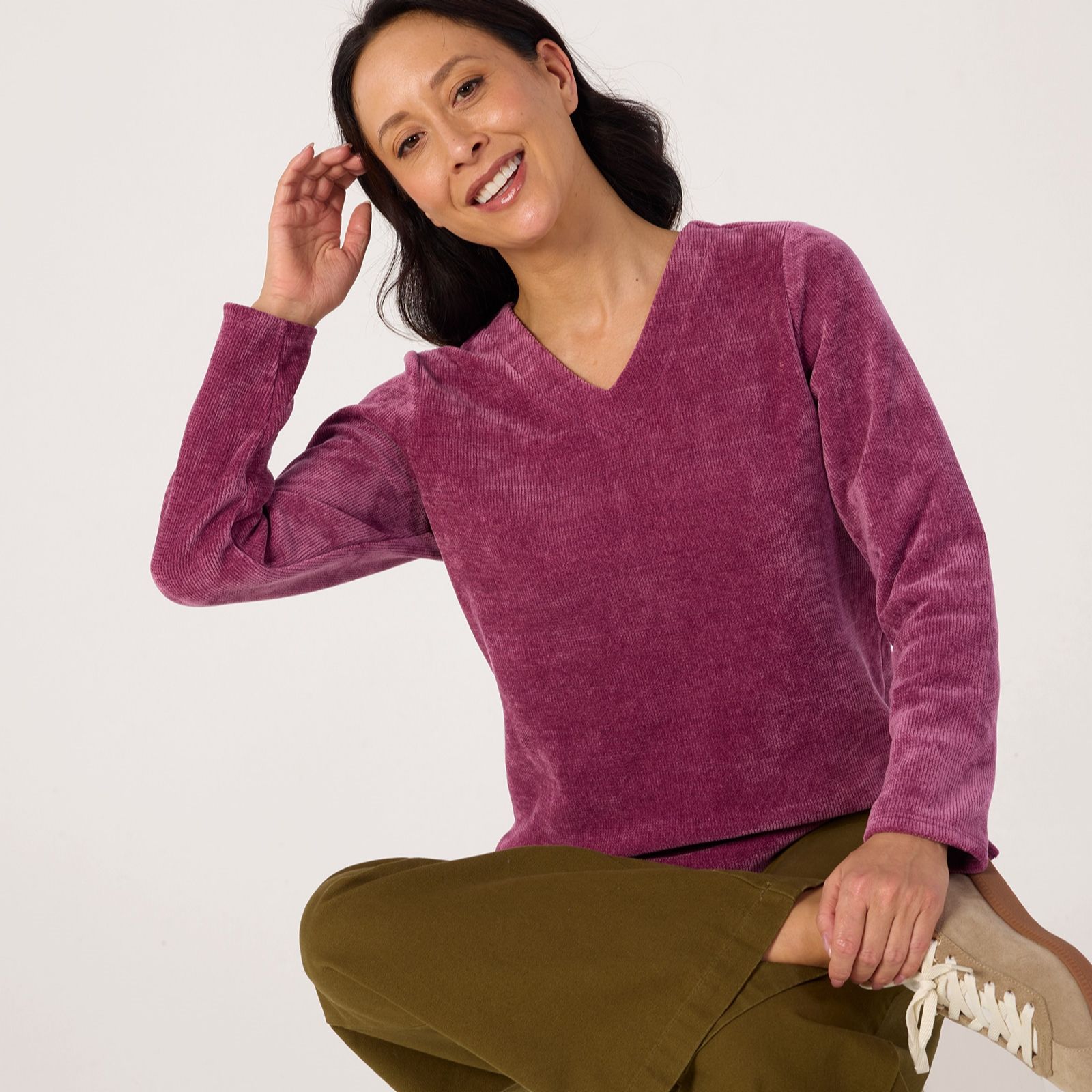Denim & Co Chenille V Neck Long Sleeve Top