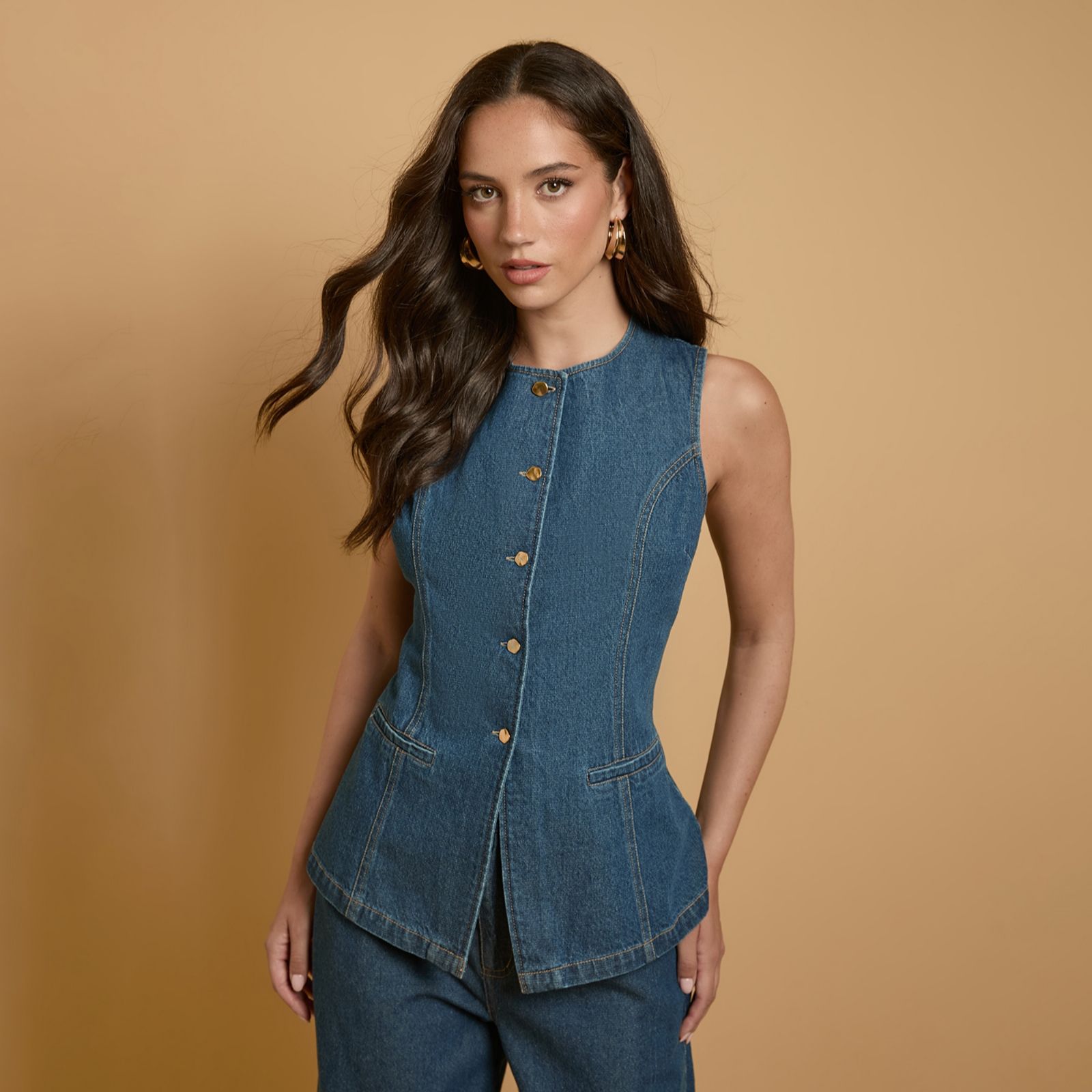 Oasis 100% Cotton Fitted Denim Waistcoat Top