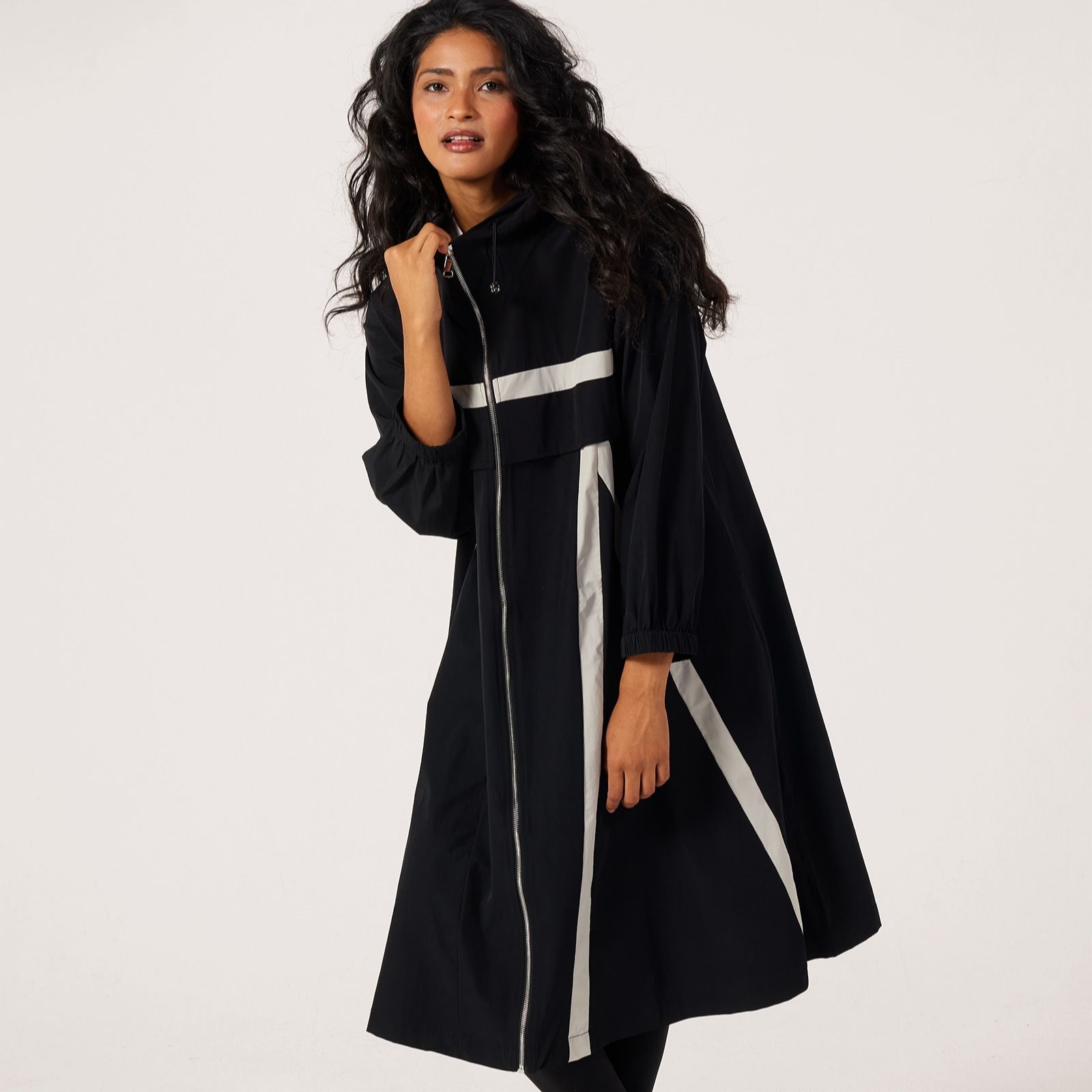Malissa J Hooded Zip Light Long Jacket With Contrast Stripe