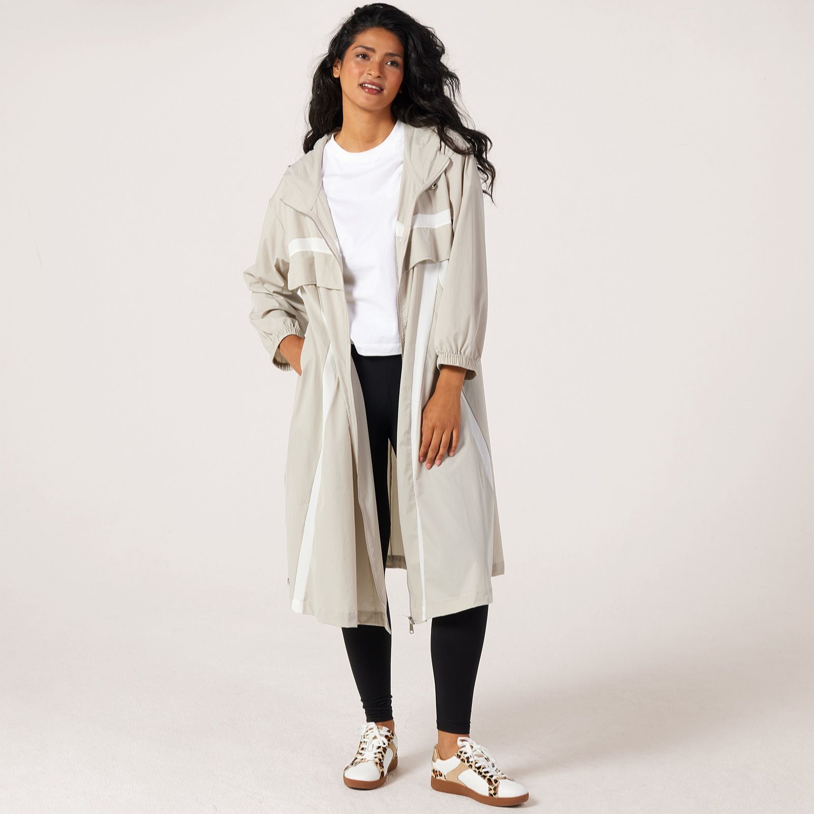 Malissa J Hooded Zip Light Long Jacket with Contrast Stripe