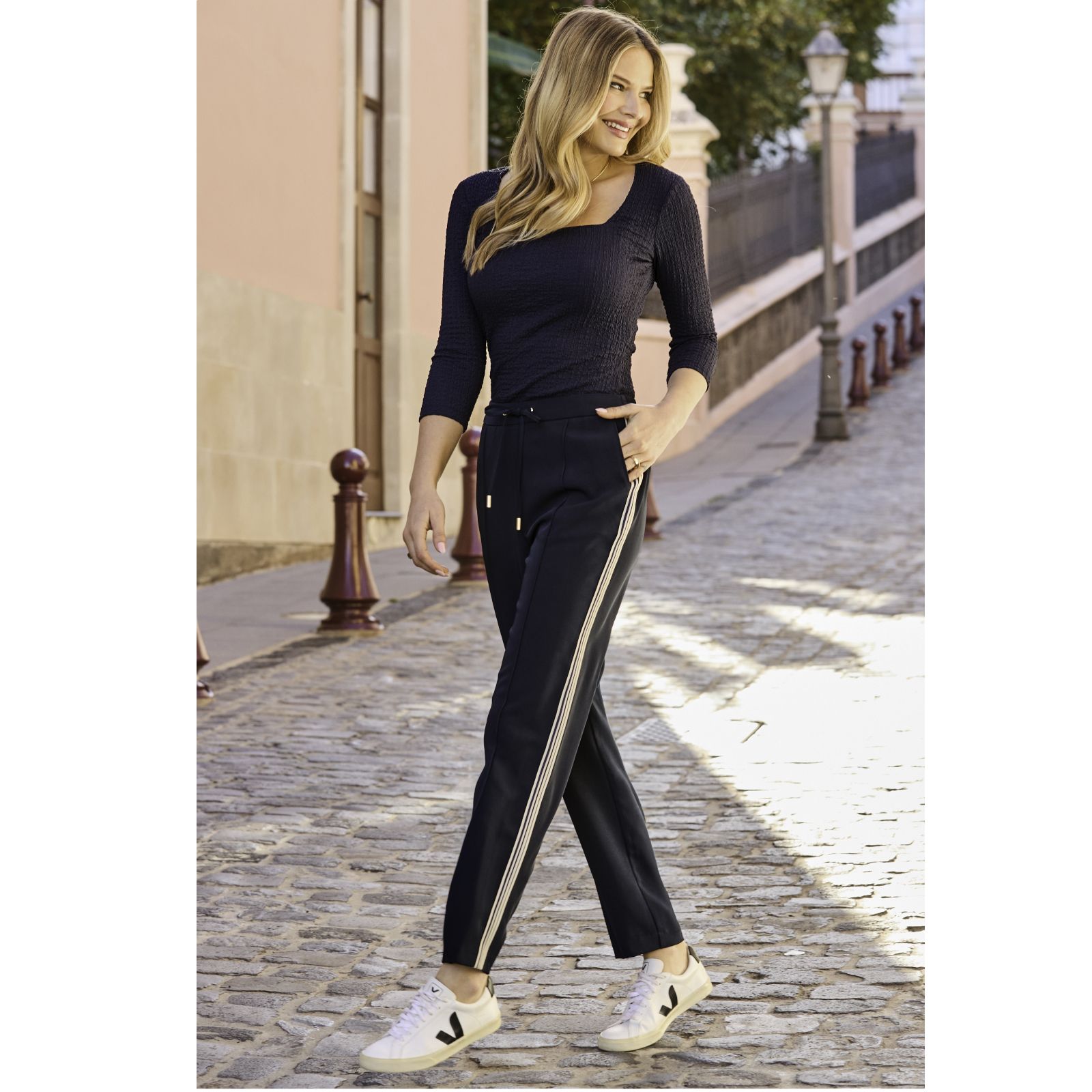 Sosandar Navy Side Stripe Tapered Leg Trousers