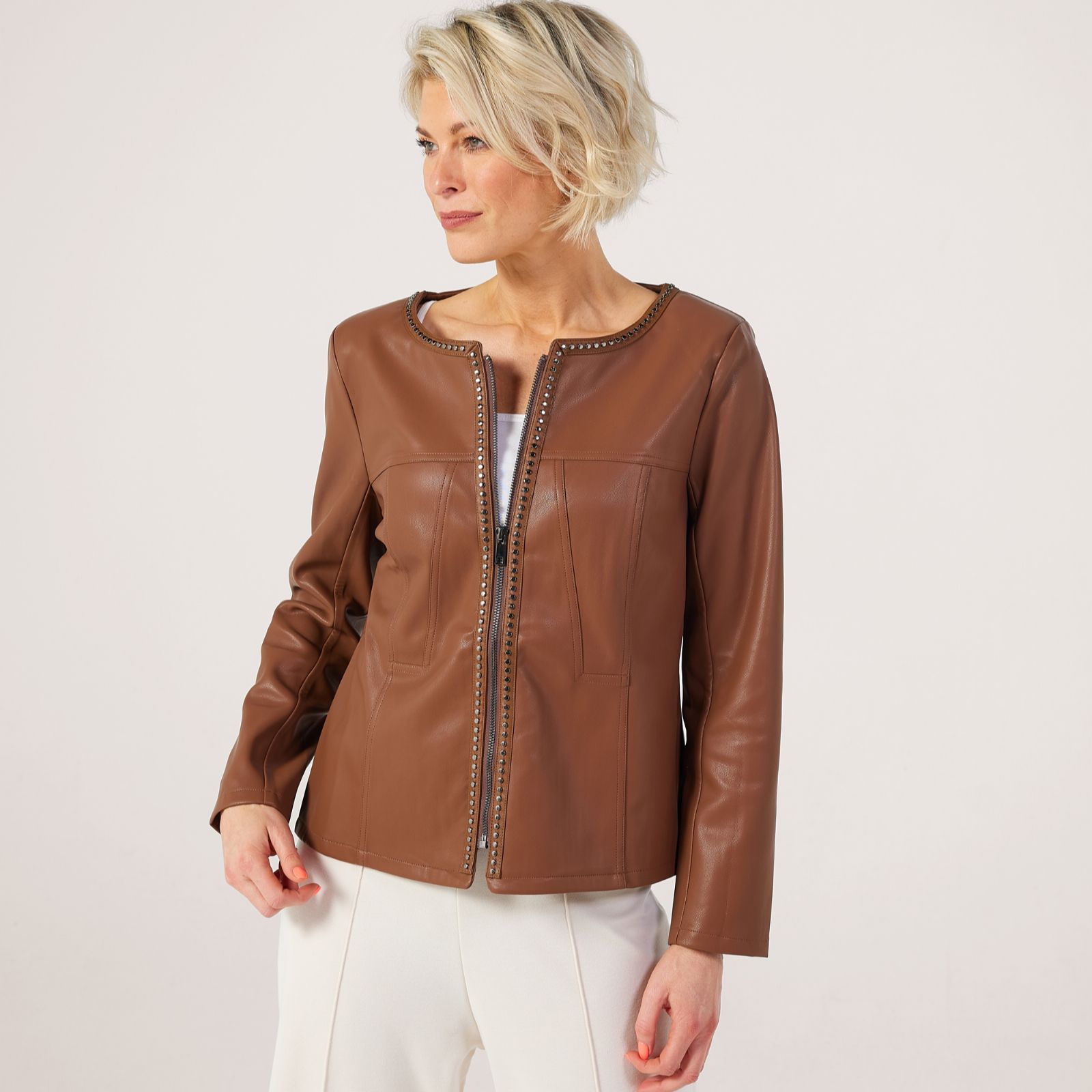 Frank Usher Round Neck Studded PU Biker Jacket