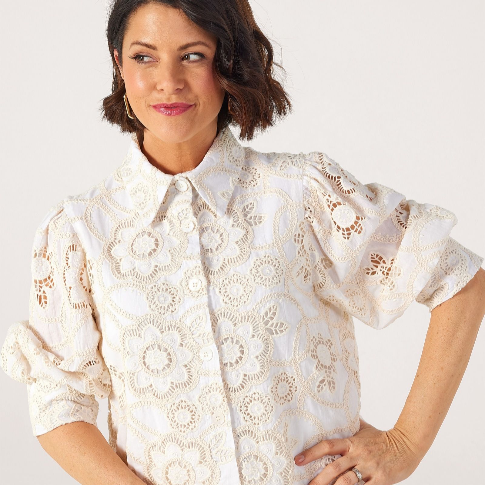 Helene Berman X Katy 100% Cotton Lace Broderie Puff Sleeve Shirt