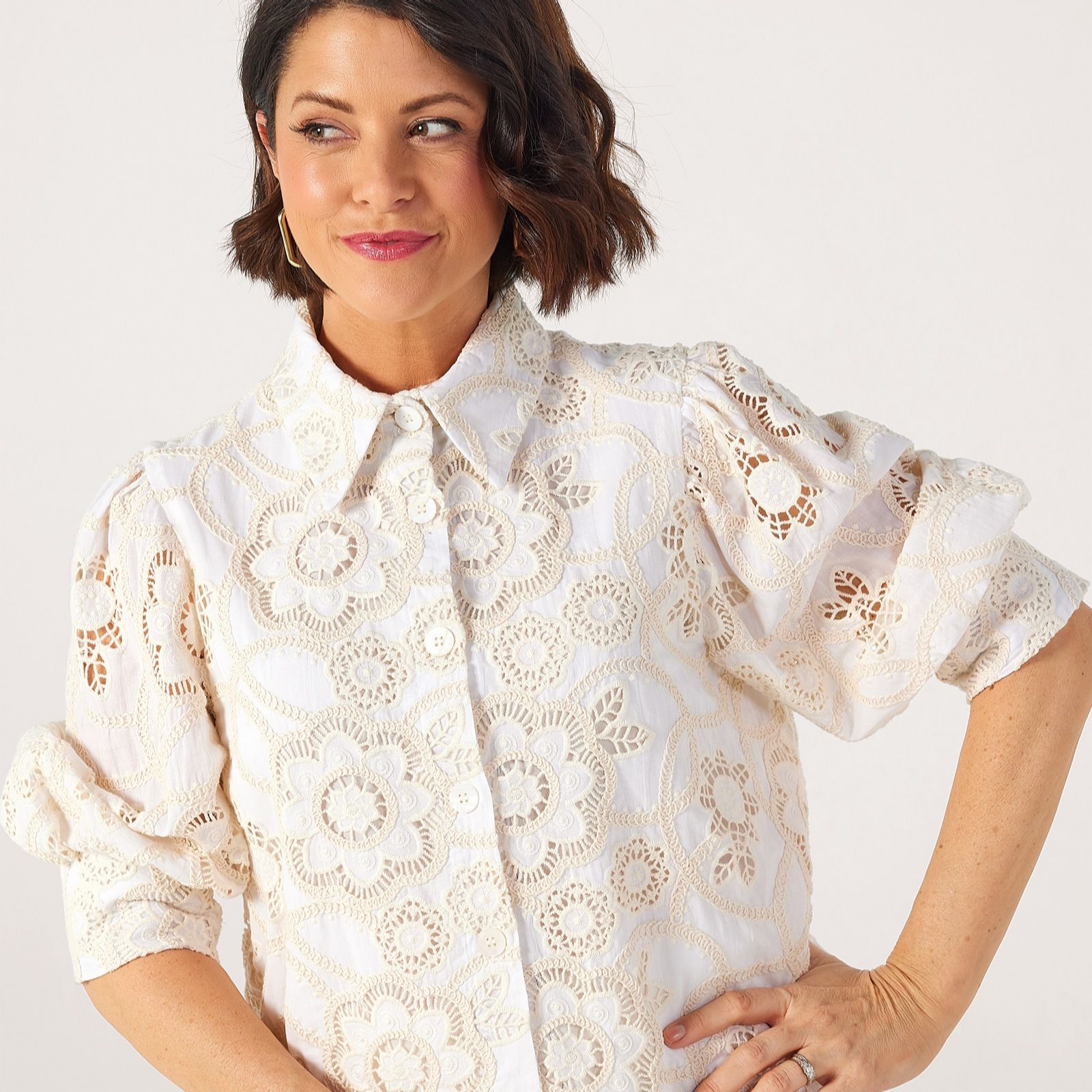 Helene Berman X Katy 100% Cotton Lace Broderie Puff Sleeve Shirt