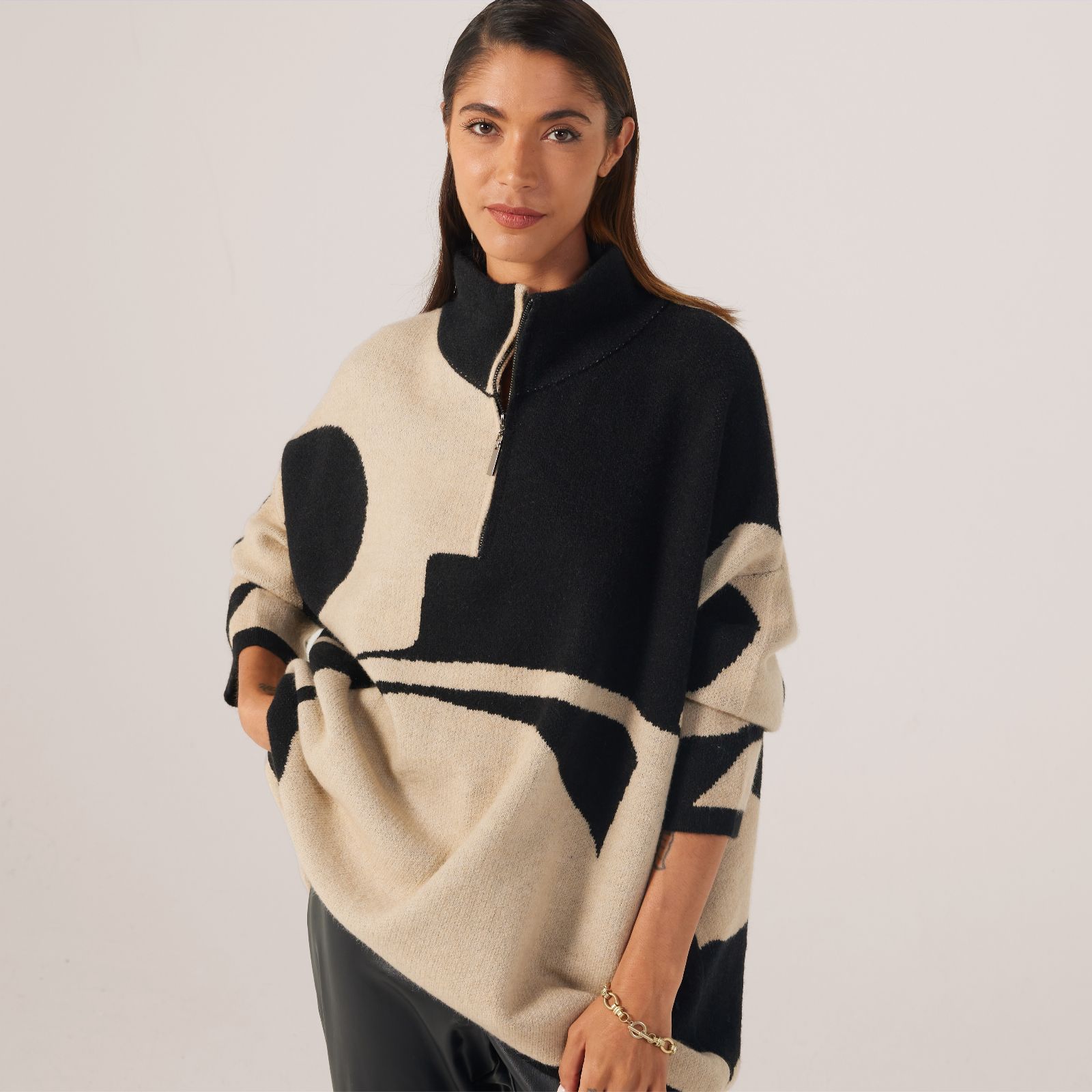 Frank Usher Knitted Jumper w/Quarter Zip & Dipped Back Hemline