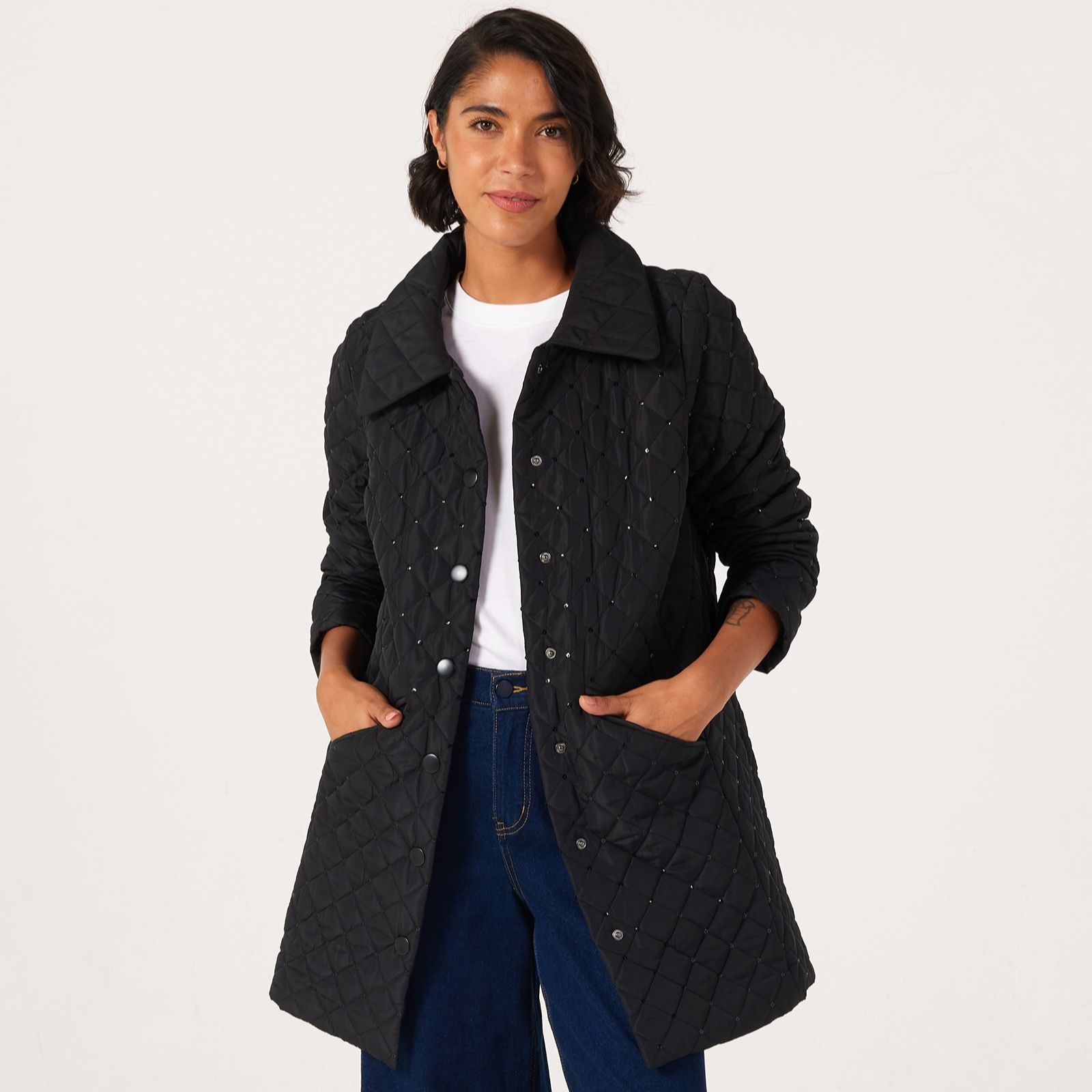 Nina Leonard Sequin Quilted Lined Jacket With Snap Front And Front Pockets