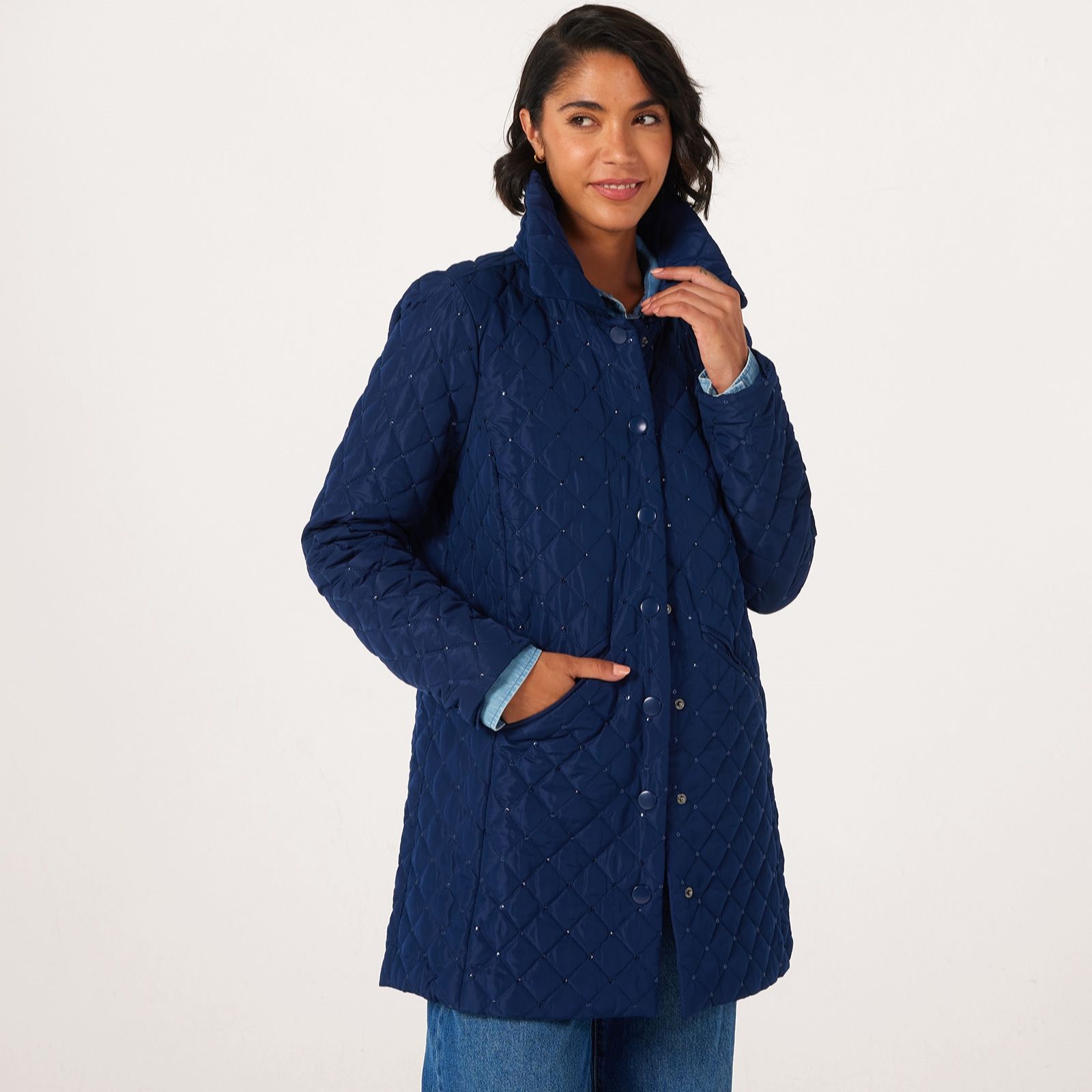 Nina Leonard Sequin Quilted Lined Jacket With Snap Front And Front Pockets