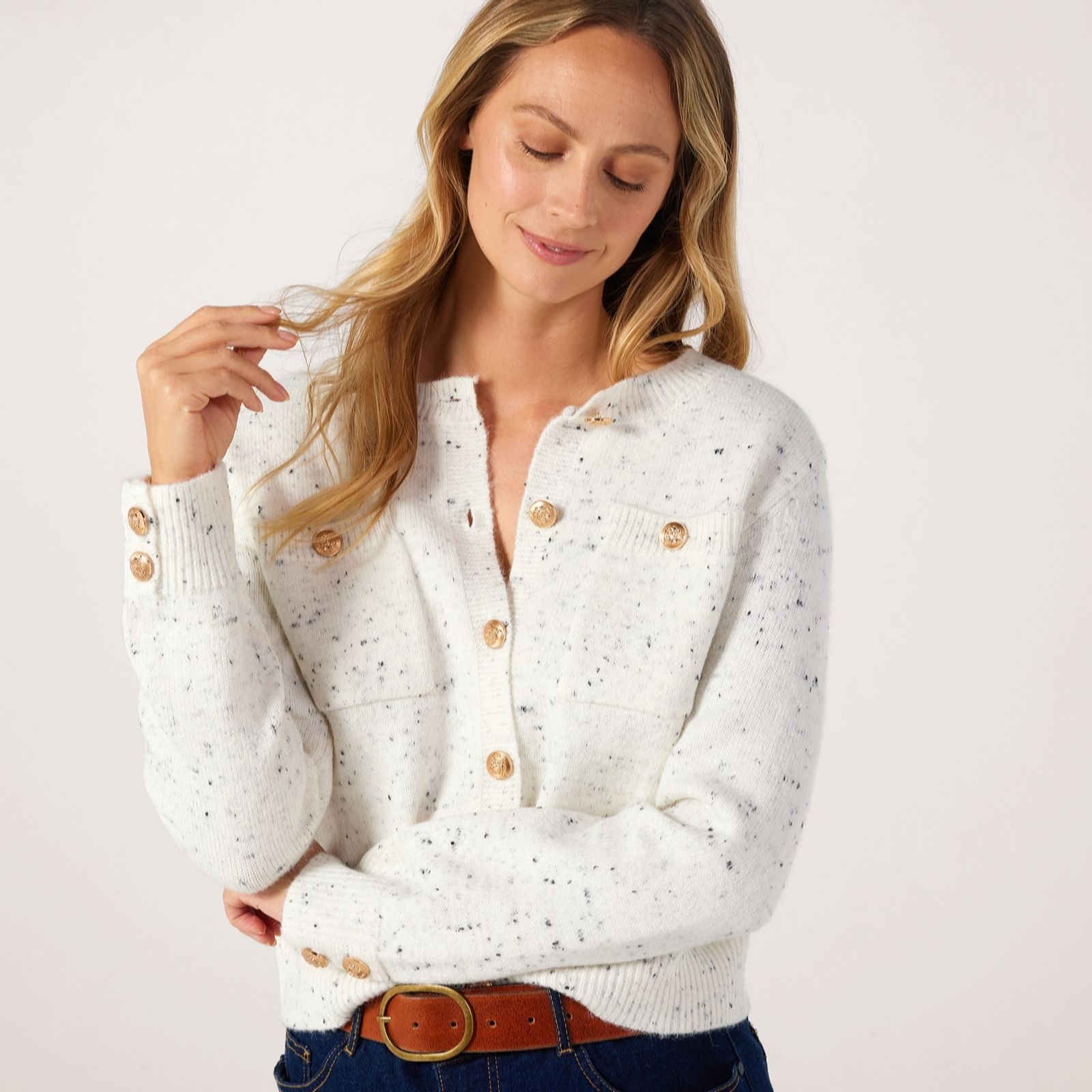 Izabel London Marled Cardigan Gold Buttons