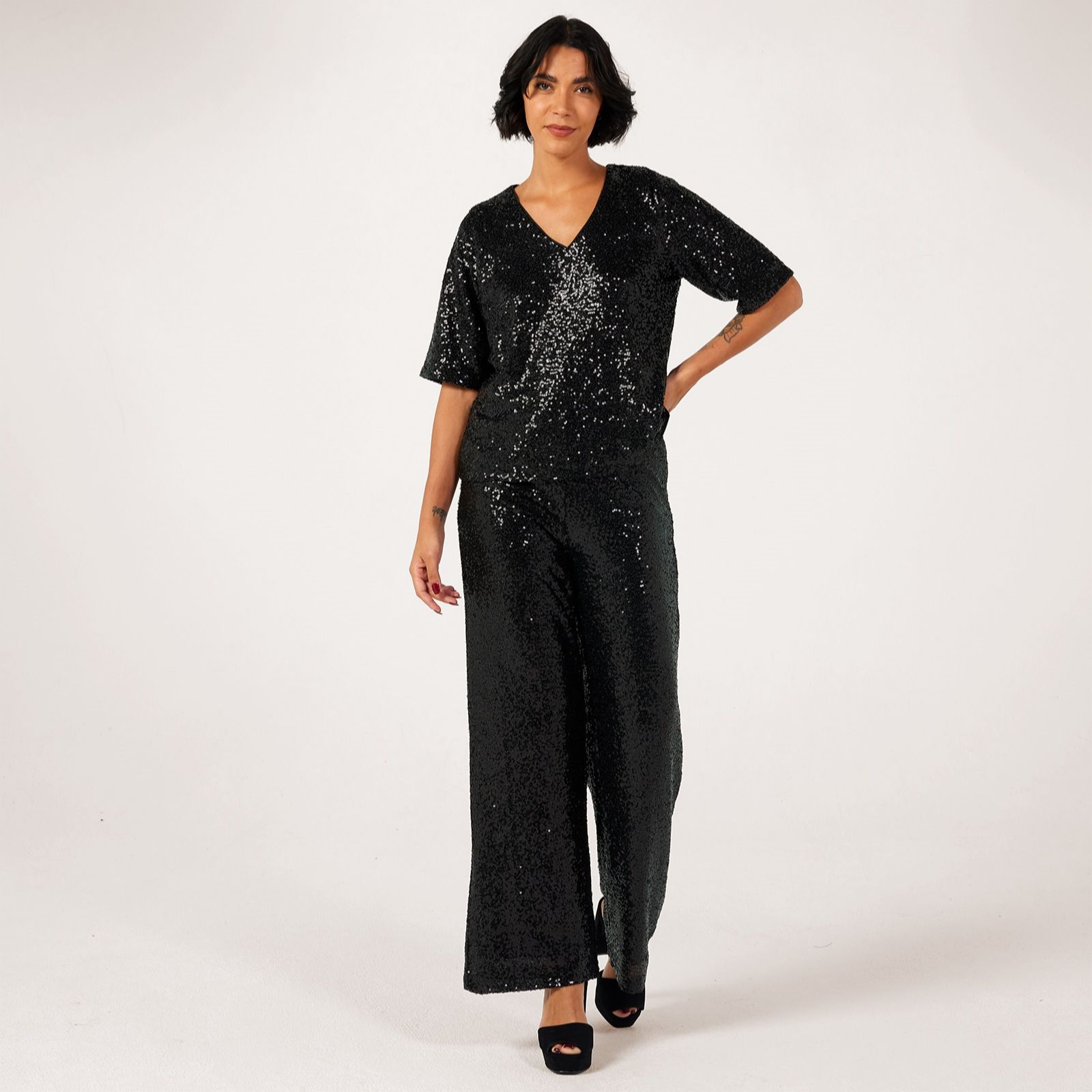 ICHI Fauca Sequin Short Sleeve Top