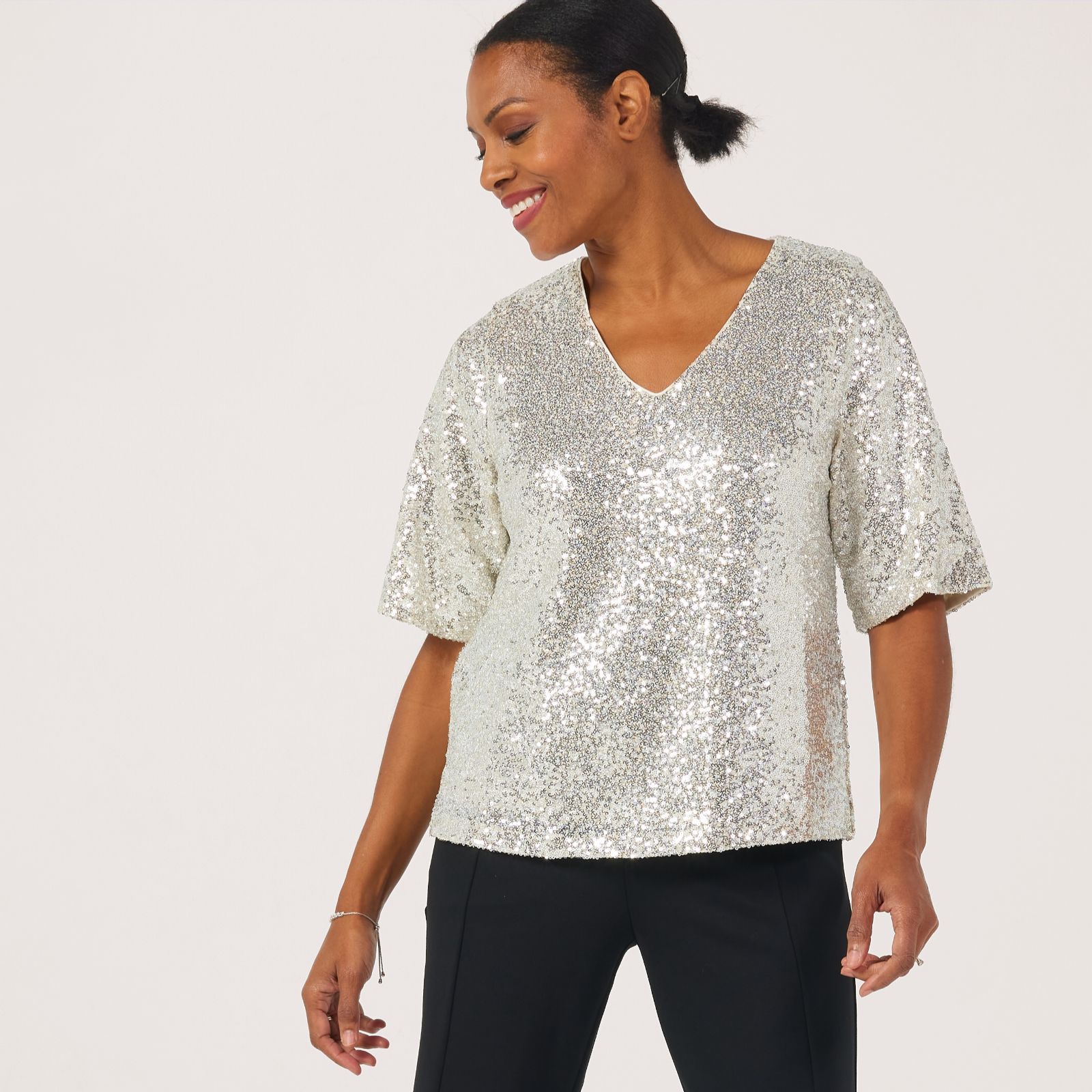 ICHI Fauca Sequin Short Sleeve Top