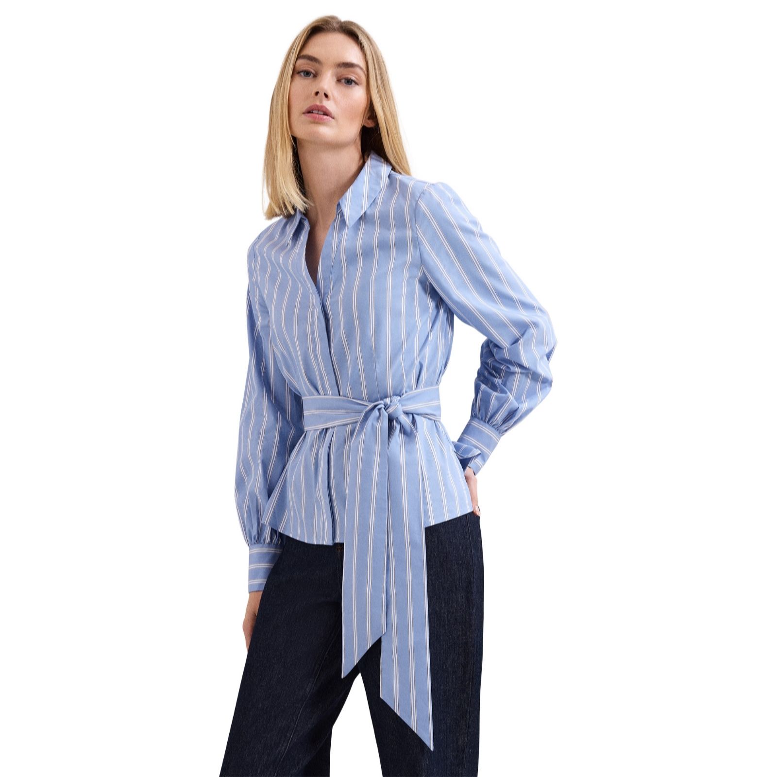 Phase Eight Dakota Blue Printed Stripe Tie Waist Shirt