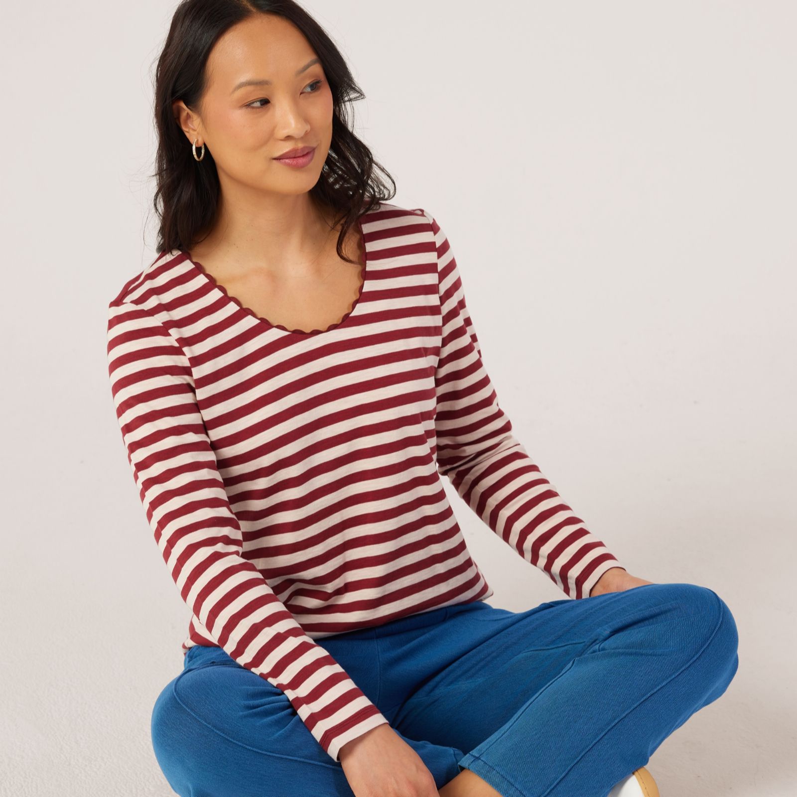 Denim & Co. V Neck Jersey Top with Trim Detail