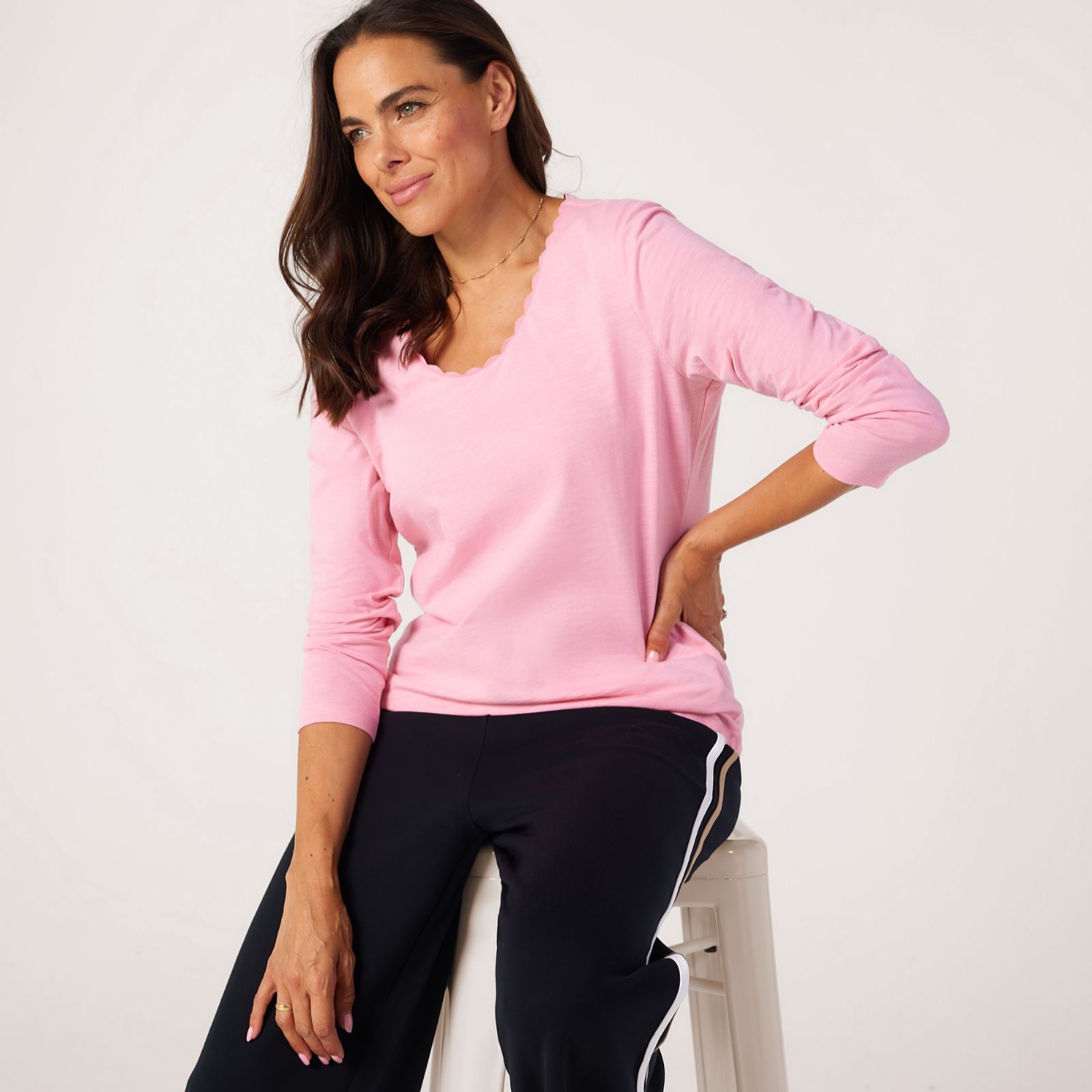 Denim & Co. V Neck Jersey Top with Trim Detail