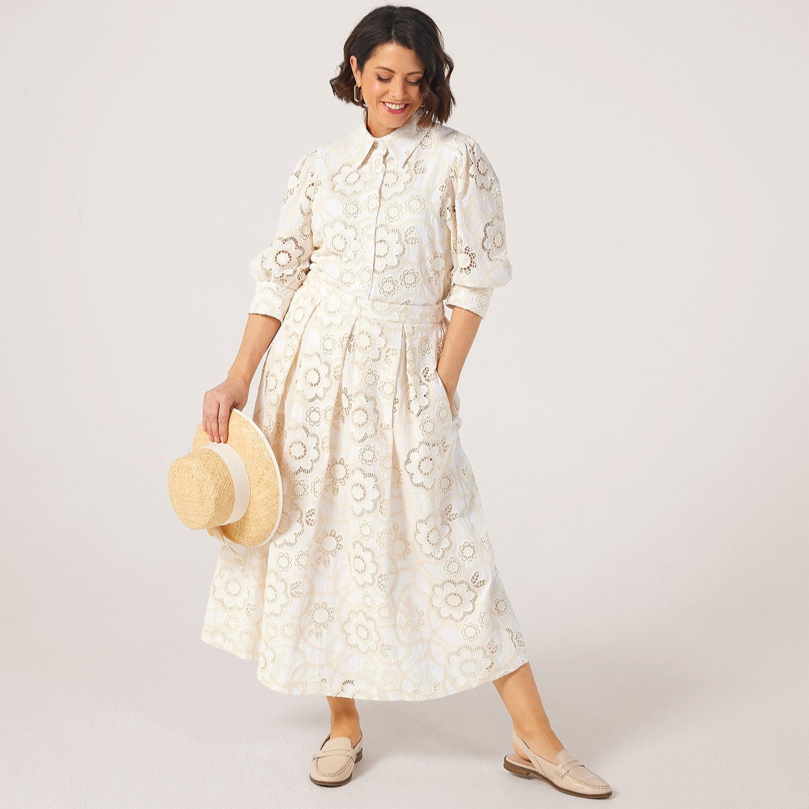 Helene Berman X Katy 100% Cotton Lace Broderie Pleated Midi Skirt