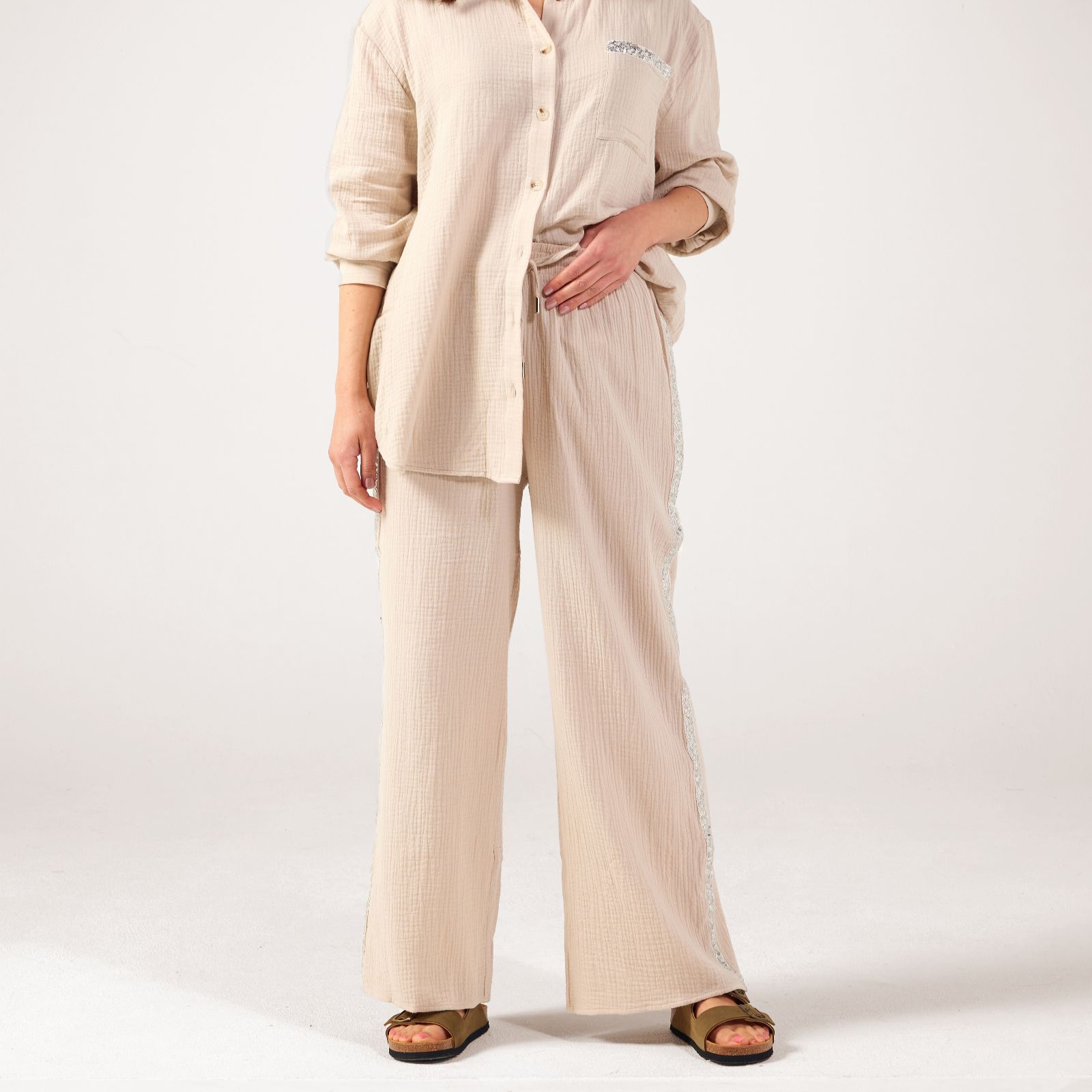 Frank Usher Linen Waffle Handfeel Trousers With Sequin Tape Detail - Qvc Uk