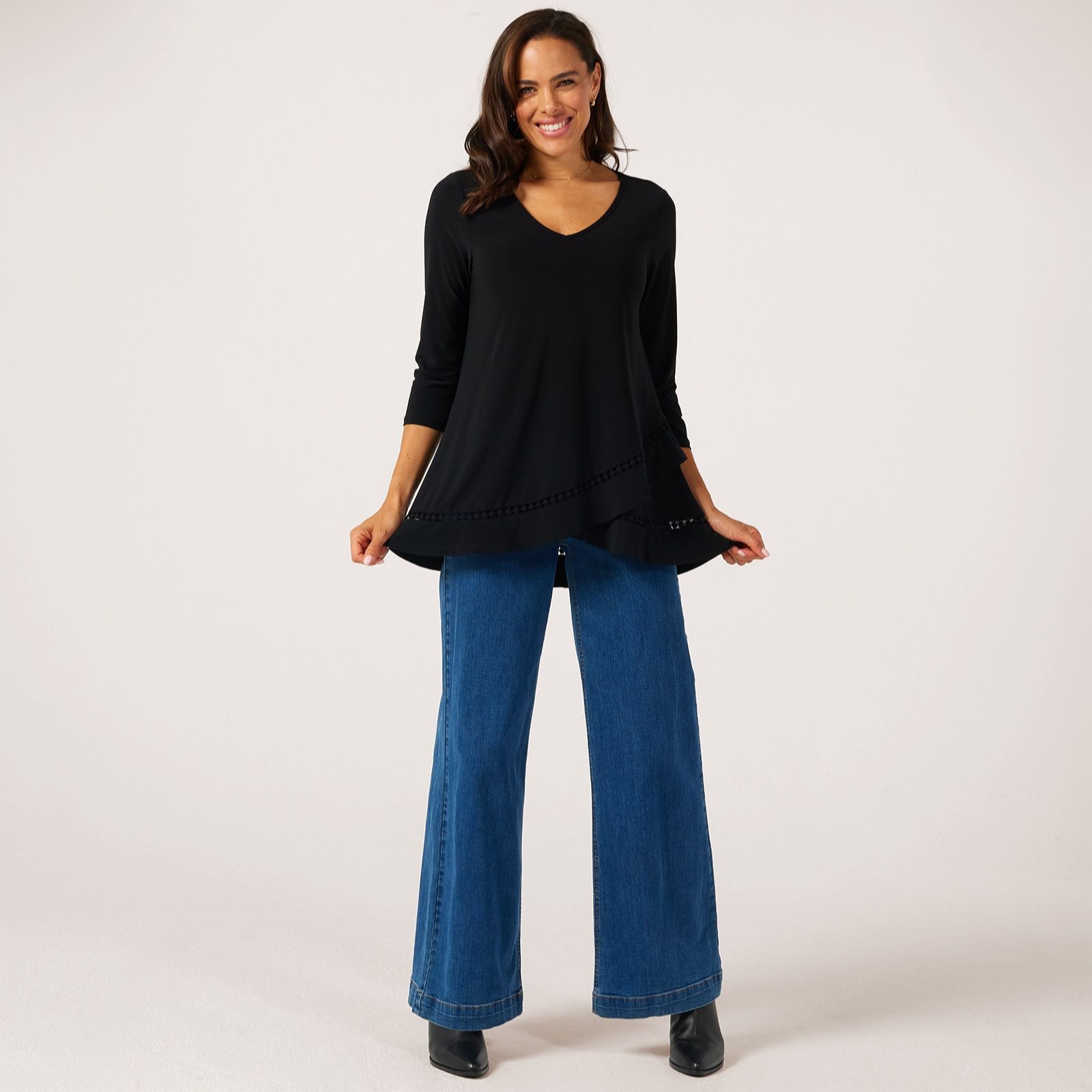 Nina Leonard 3/4 Sleeve V Neck High Low Tulip Hem Tunic