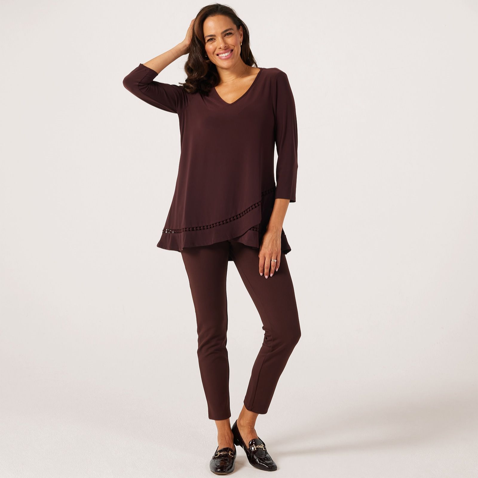 Nina Leonard 3/4 Sleeve V Neck High Low Tulip Hem Tunic