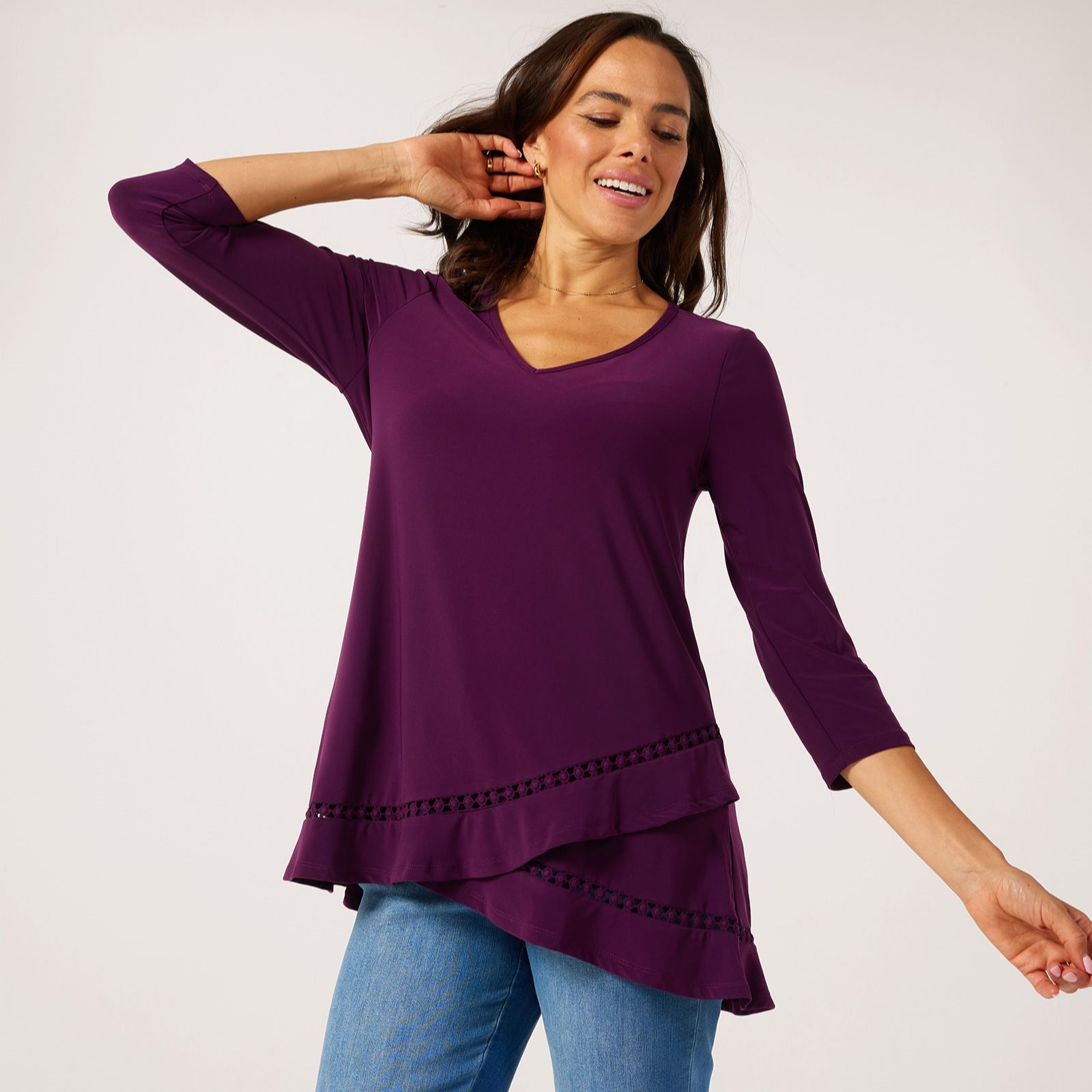 Nina Leonard 3/4 Sleeve V Neck High Low Tulip Hem Tunic