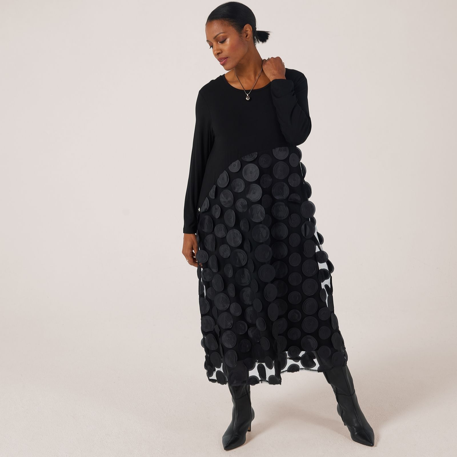 Malissa J Circle Mesh Mixed Media Dress