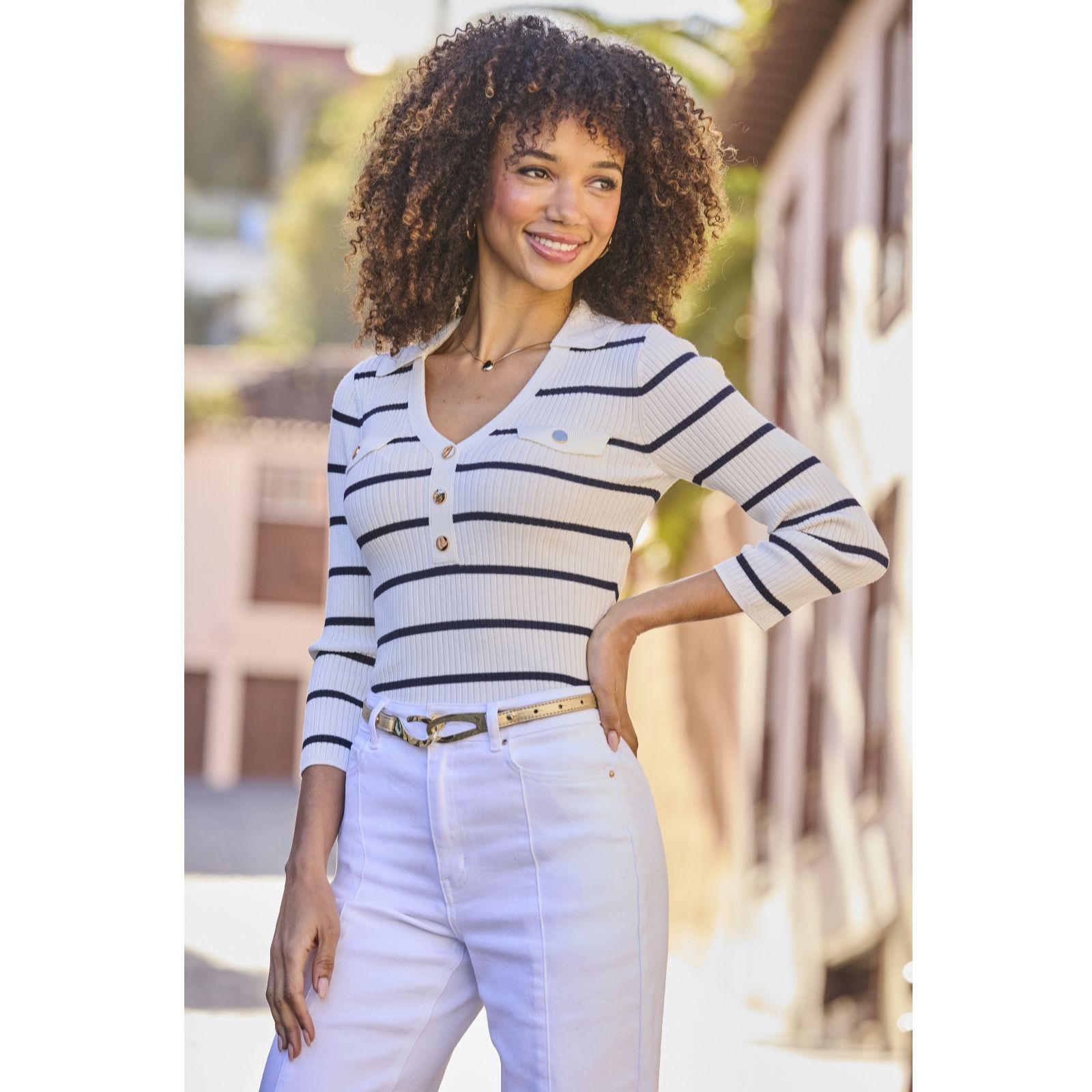 Sosandar Ivory & Navy Stripe V Neck Collar Knitted Rib Top