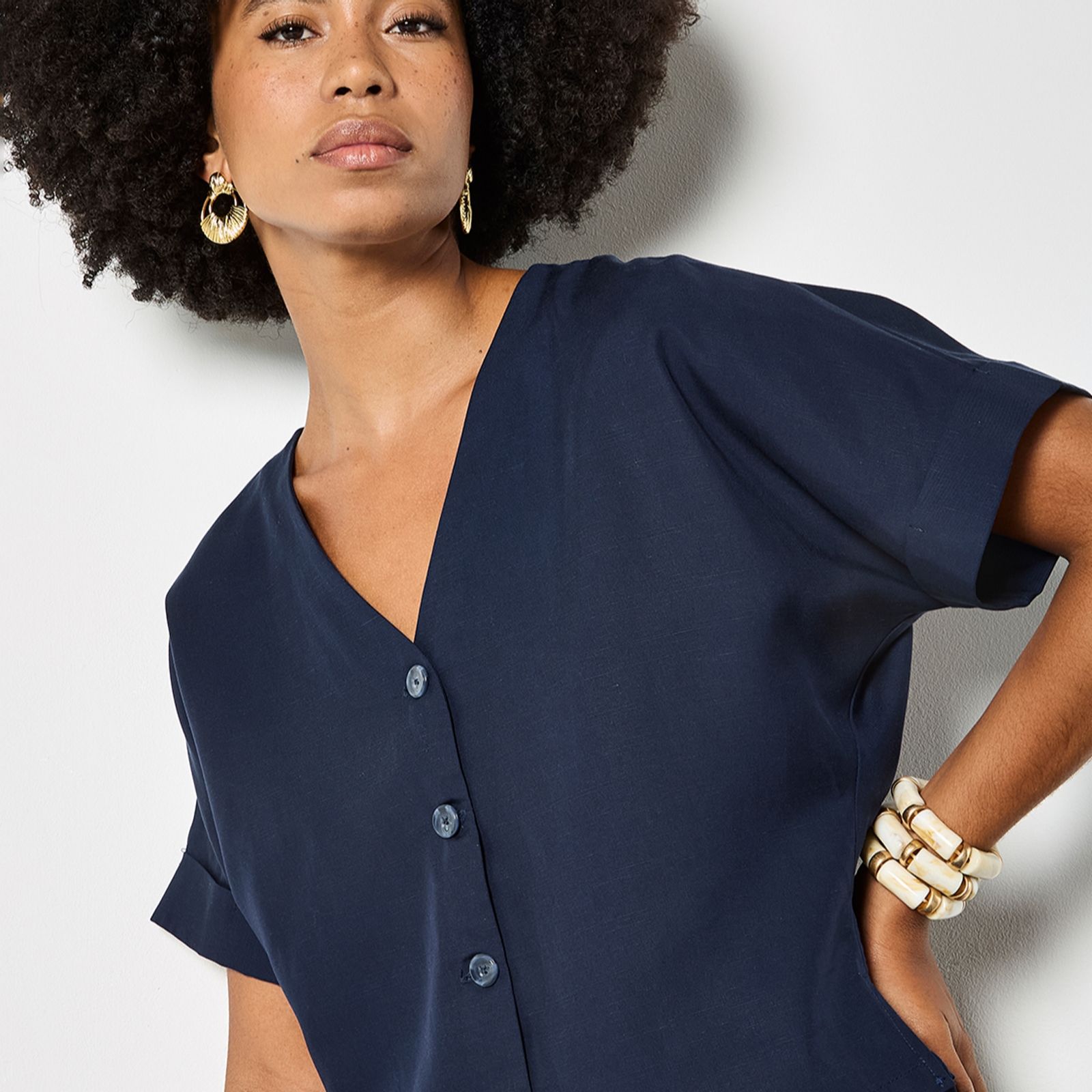 Apricot Linen Mix Button Front Top