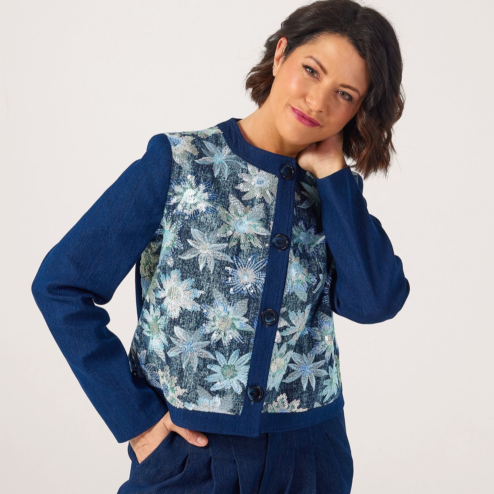 Helene Berman X Katy Sequin Floral Denim Jacket
