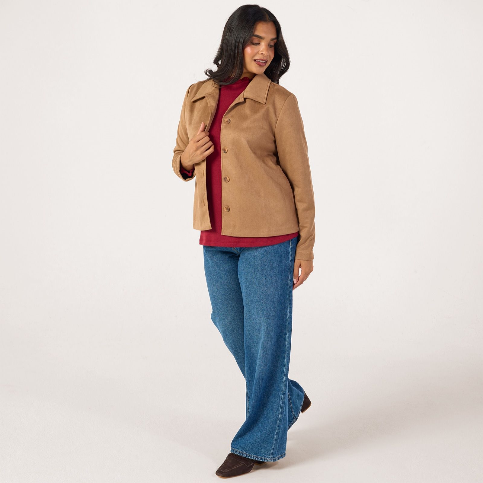 Kim & Co Stretch Faux Suede Long Sleeve Fringe Jacket