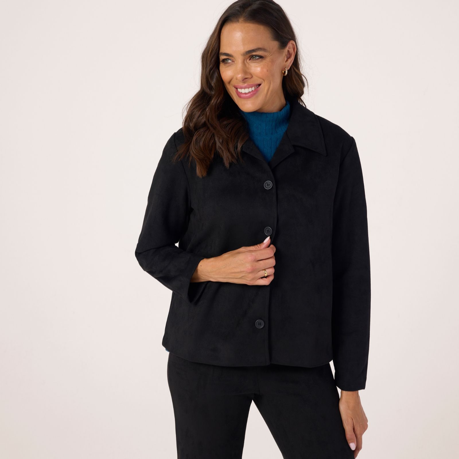 Kim & Co Stretch Faux Suede Long Sleeve Fringe Jacket