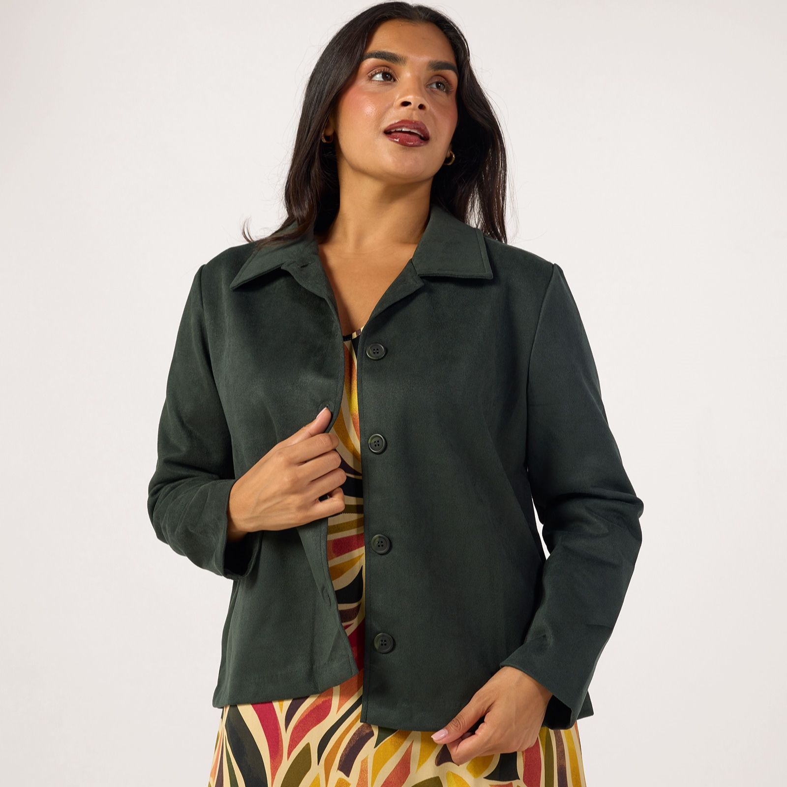 Kim & Co Stretch Faux Suede Long Sleeve Fringe Jacket