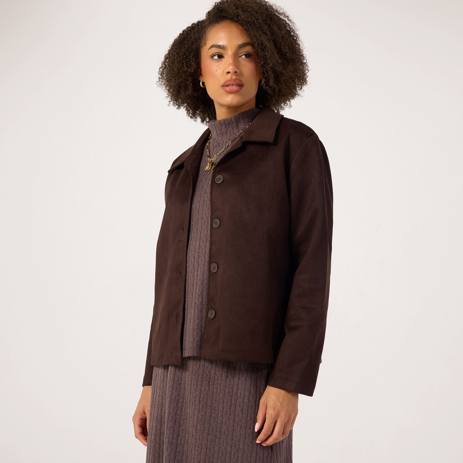 Kim & Co Stretch Faux Suede Long Sleeve Fringe Jacket